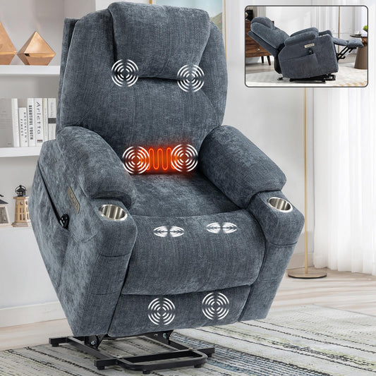 KEIKI Large Dual Motor Power Lift Recliner Chair for Adults, Chenille Rocking Chair with Back Massager and Heated, USB and Type-C Ports, Cup Holders, Comfy Office Chair Perfect for Daily Use, Blue