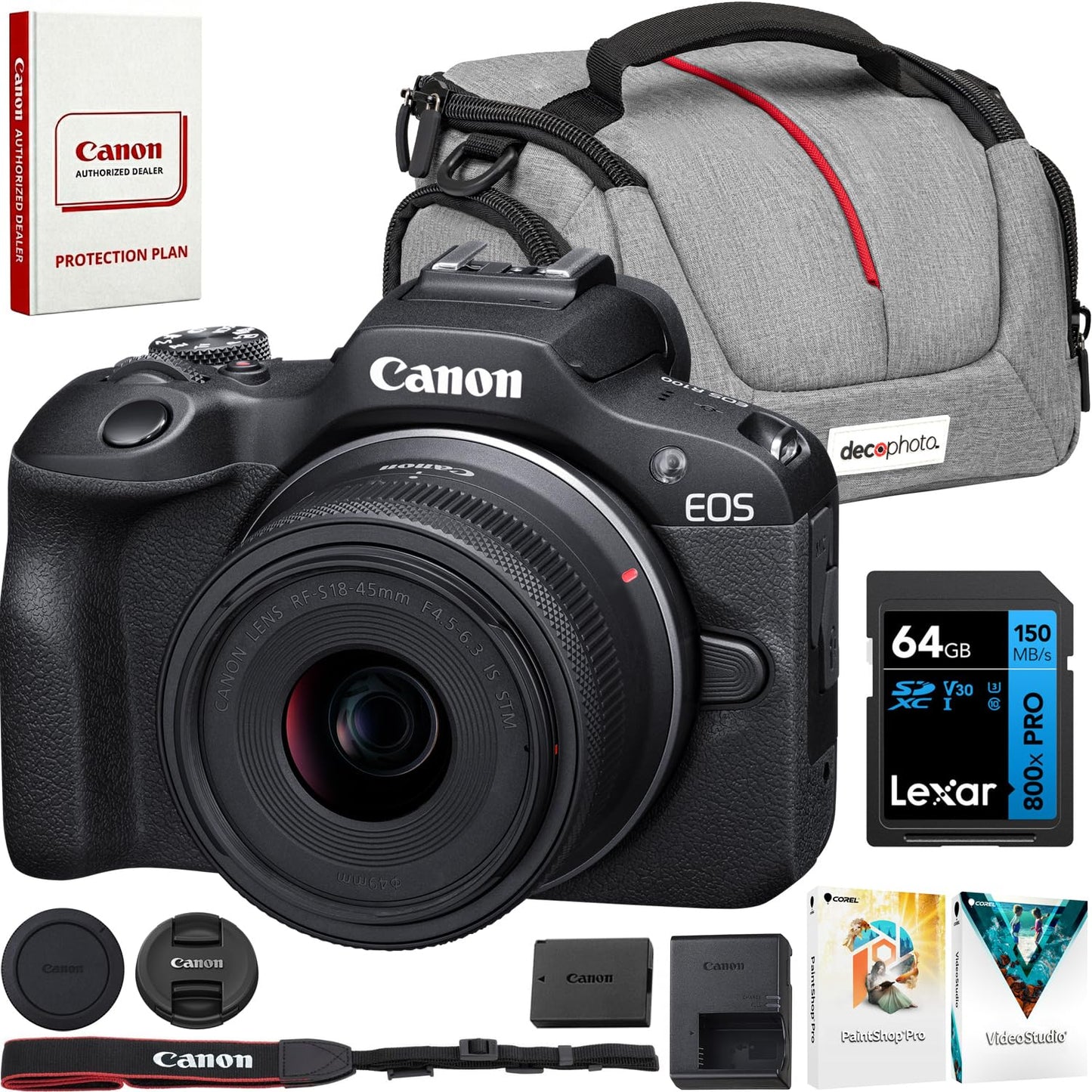 Canon EOS R100 Mirrorless Camera with RF-S 18-45mm is STM Lens | USA Warranty, Authorized Dealer | Bundle with 64GB Lexar Memory Card, Camera Bag & Photo Editing Software