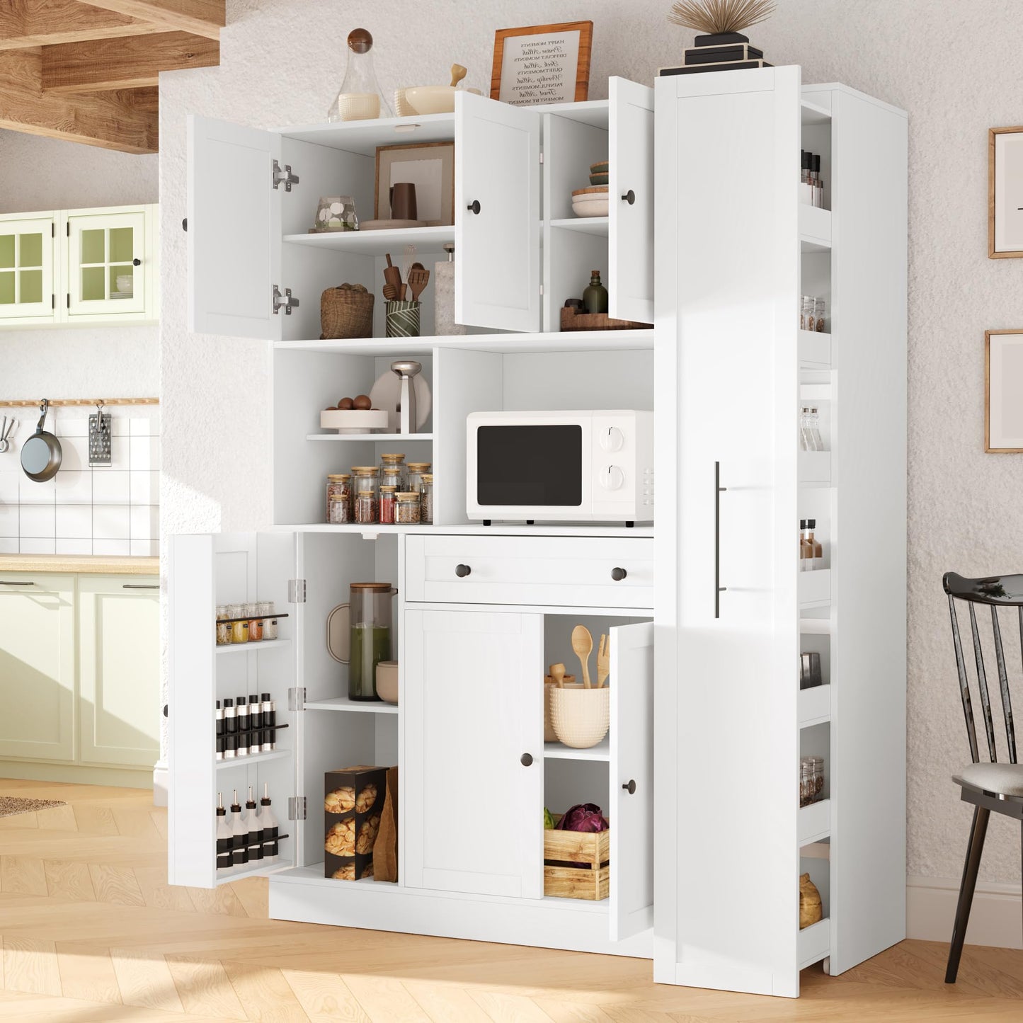 Merax 70'' Tall Traditional Freestanding Buffet with Hutch, Large Kitchen Pantry Storage Cabinet Cupboard with Pull-Out Side Cabinet, Door Shelves and Drawer, White