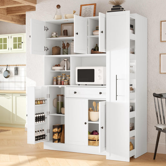 Merax 70'' Tall Traditional Freestanding Buffet with Hutch, Large Kitchen Pantry Storage Cabinet Cupboard with Pull-Out Side Cabinet, Door Shelves and Drawer, White