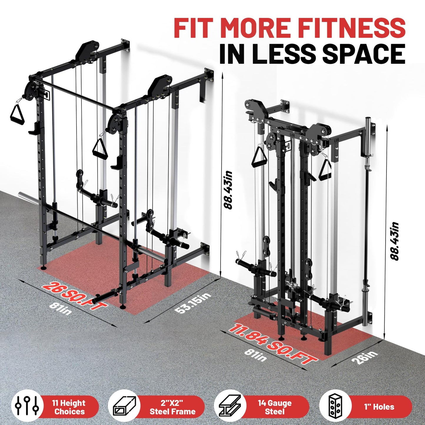 Garvee Wall Mount Smith Machine, Folding Power Rack with Independent Dual Pulley System, Multi-Function Squat Rack, Heavy Duty Power Cage Workout Equipment for Home Gym Strength Training
