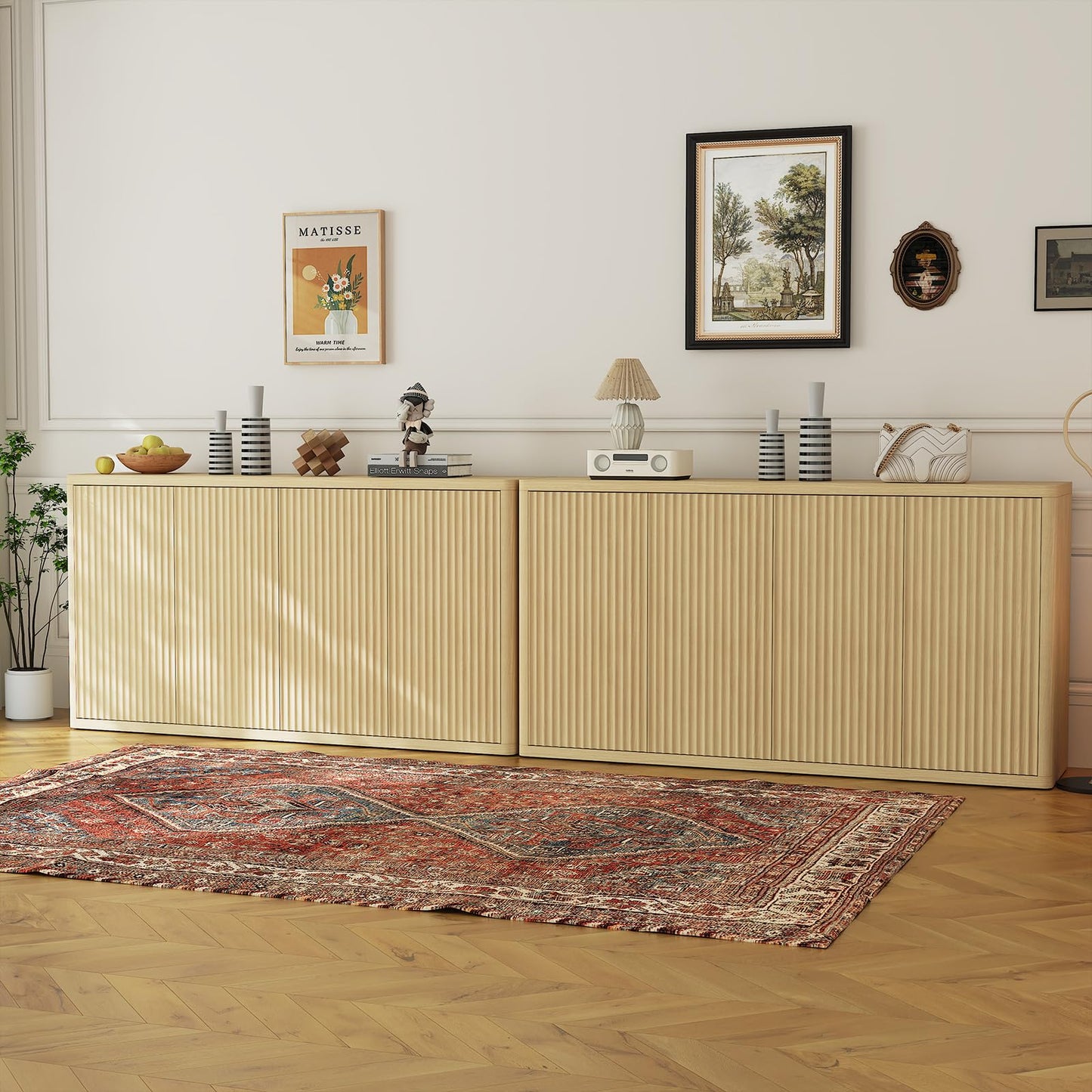 IDEALHOUSE 66.3in Large Sideboard Buffet Cabinet, Kitchen Modern Fluted Cupboard Coffee Bar Console Table Credenza Storage Cabinet with Adjustable Shelves for Living Room Hallway, 4 Doors