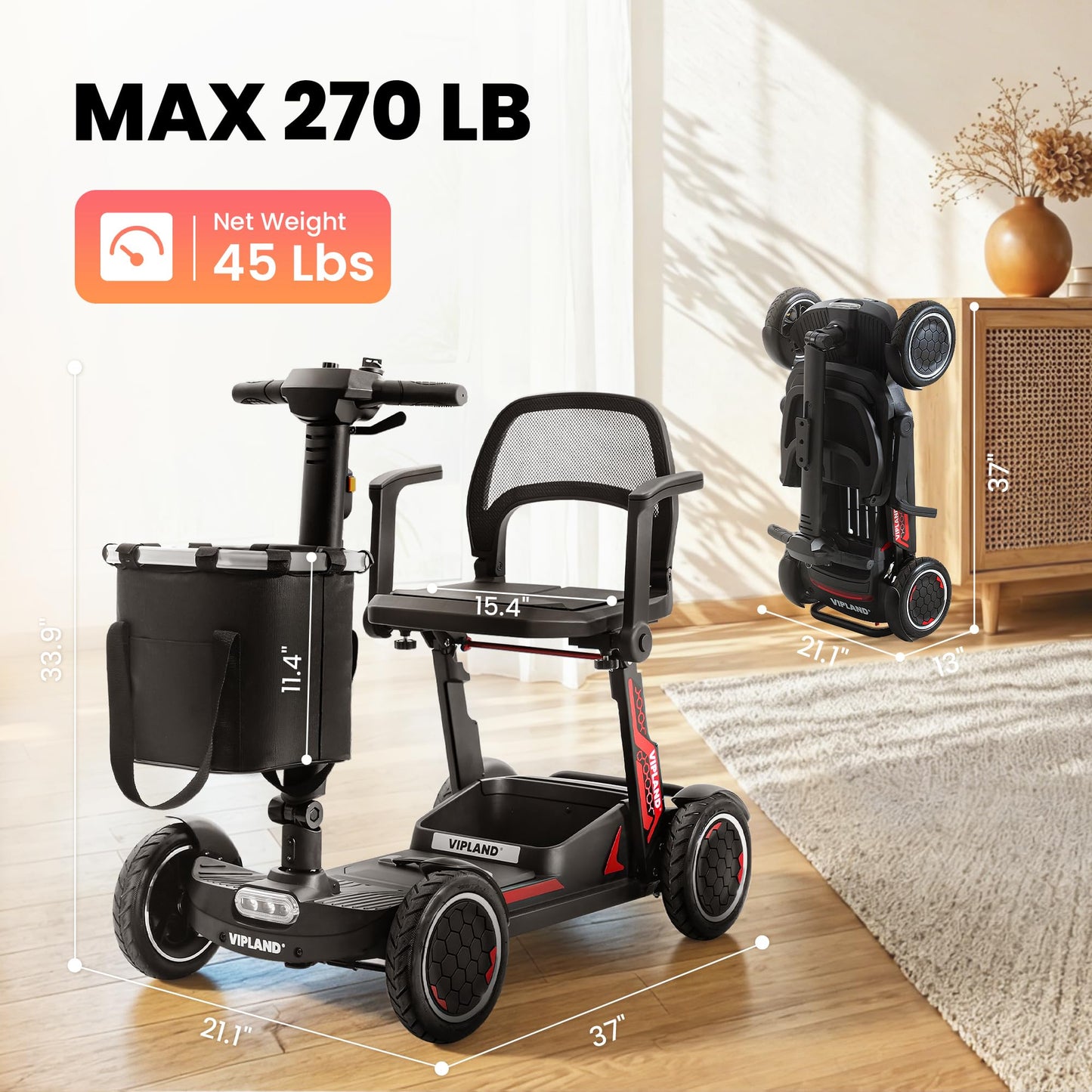 VIPLAND Lightweight Mobility Scooter, Comfortable Foldable Motorized Scooter, 20Miles Long Range, Removable Battery, 270lbs Capacity, Only 45lb Weight, with LED Headlights and Basket, Width Adjustable