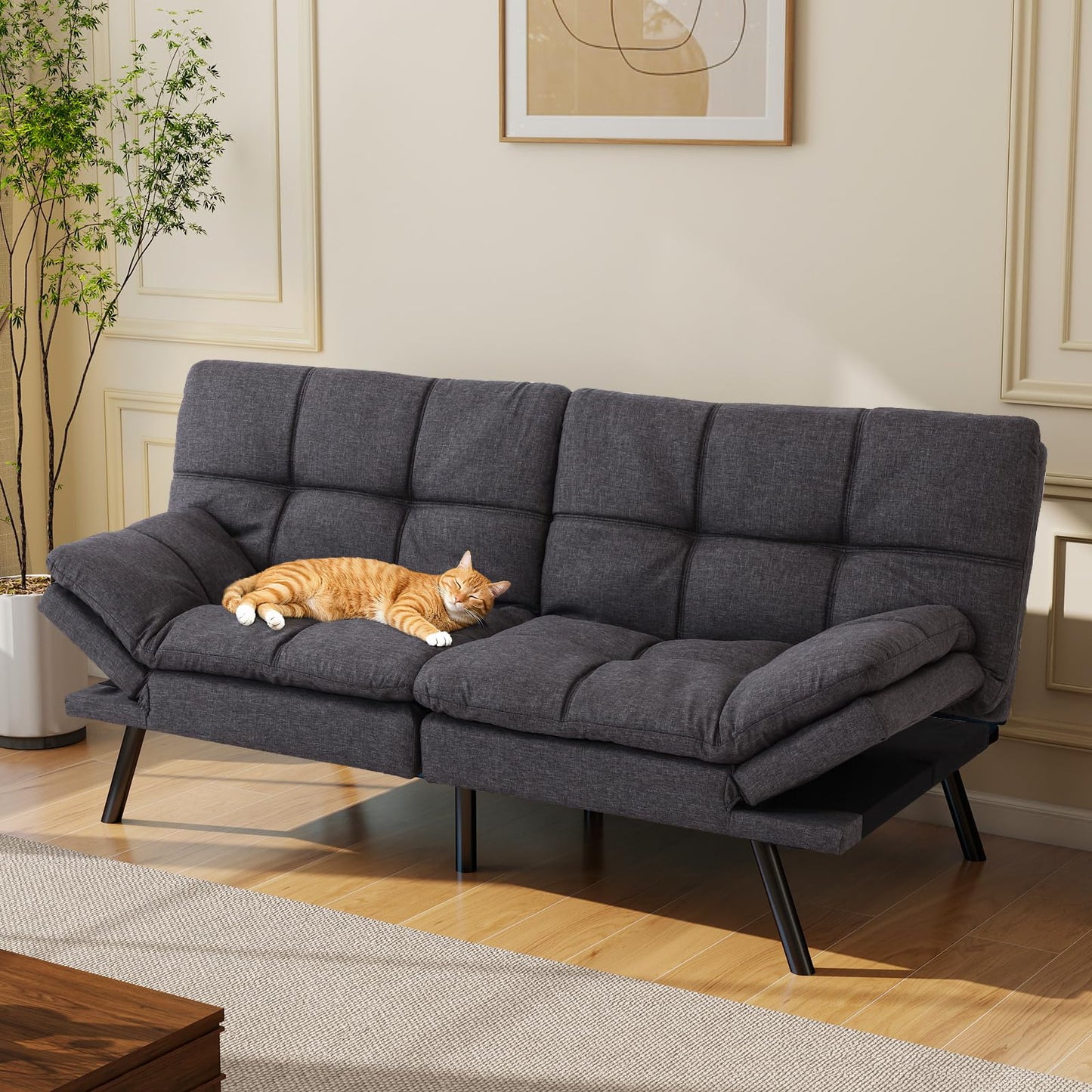 Opoiar Futon Sofa Bed Convertible Memory Foam Grey Couch Bed Futon Sets Folding Modern Sleeper Sofa Gray Loveseat for Studio,Drom,Apartment,Game Room and Small Space