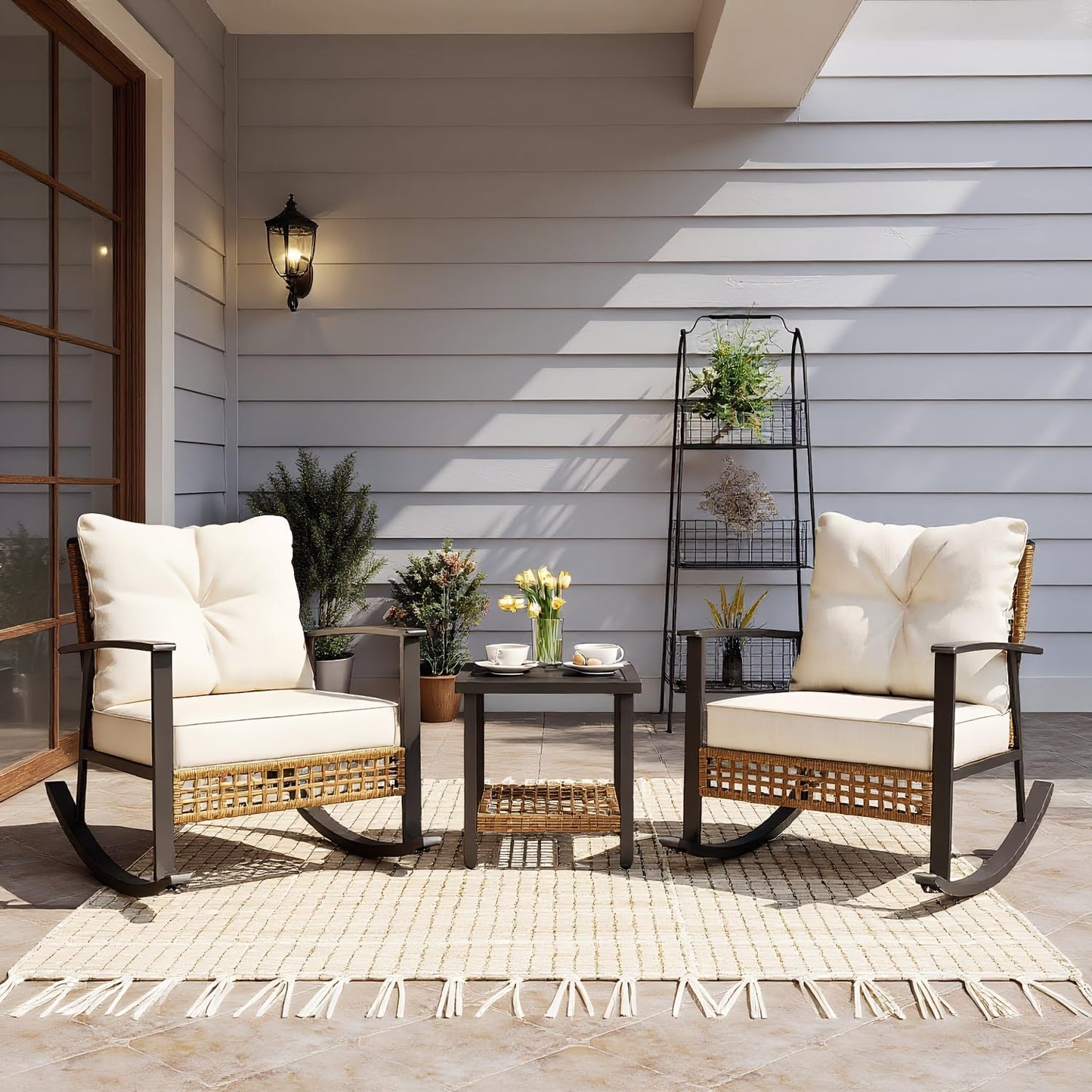 EO Living 3 Piece Rocking Patio Bistro Set, Outdoor Bistro Sets Wicker Patio Furniture Rocking Chairs Sectional Couch and 2-Tier Coffee Table for Garden, Balcony, Backyard (Beige)