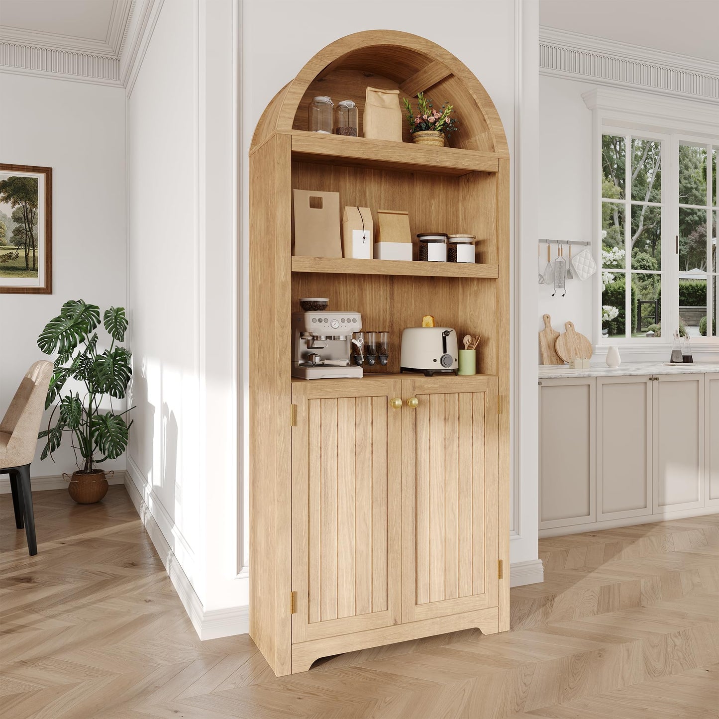IDEALHOUSE Arched Bookcase with Doors, 72 Inch Tall Bookshelf with Storage Cabinet and Shelves, Wooden Display Bookcase for Living Room, Home Office, Natural Oak with Gold Handles
