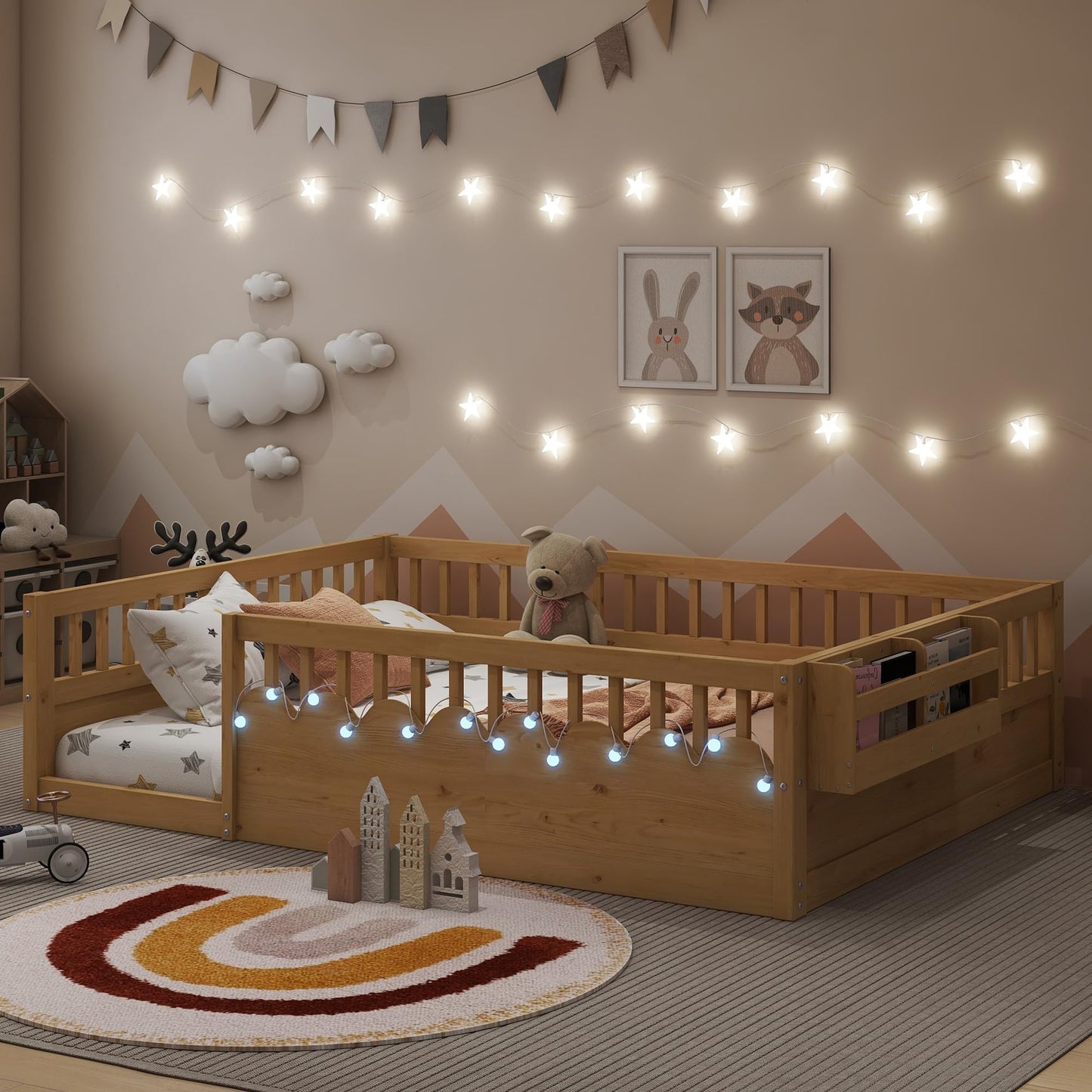 KEIKI Full Size Floor Bed w/Light & Storage, Wood Montessori Platform Bed Frame w/Safety Rails, Space Saving Kids Beds for Boys Girls Bedroom Playing Room, Easy Assembly Bedframe, Noise Free, Brown