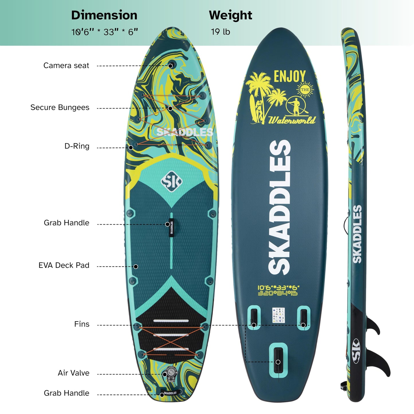 SKADDLES 10’6’’ Inflatable Stand Up Paddle Board (SUP) for Adults and Youth with Non-Slip Deck – Complete Accessories Kit, Perfect for Fishing, Yoga, Fitness & Family Fun (Dark Green Water Ripple)