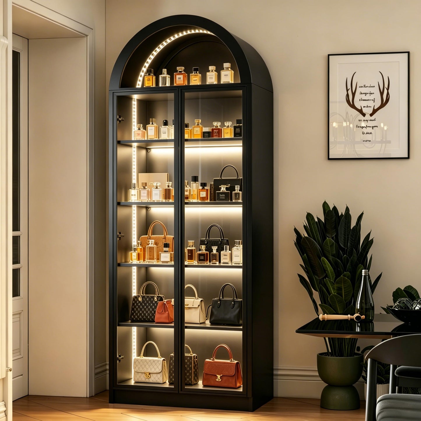 Wildhome Wooden Curio Cabinet with Acrylic Glass Door,77" Tall Arch Display Cabinet & Perfume Organizer with LED Light,Showcase for Collections,Perfume,Vinyl Albums,Bookcase (Arched top-Black, Large)