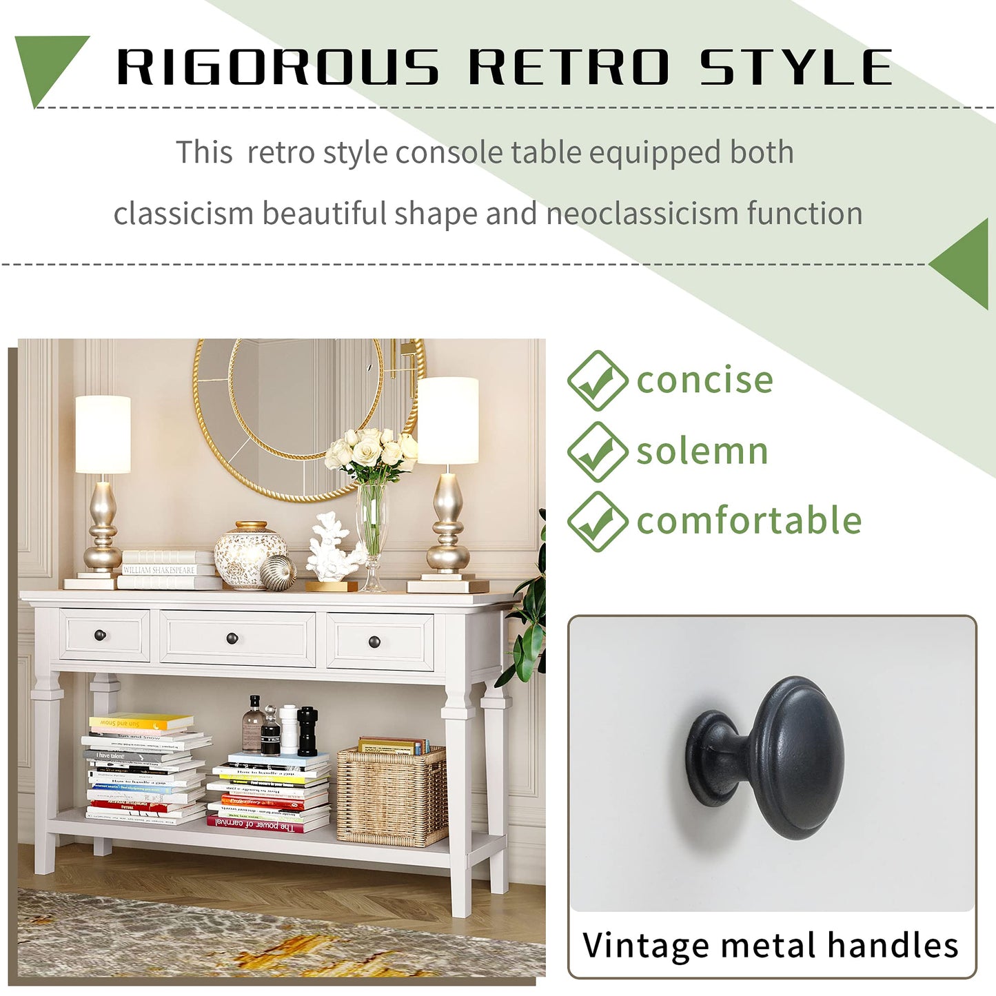 Merax Farmhouse Wood ConsoleTable for Hallways Narrow Foyer Sideboard with Drawers and Bottom Shelf for Entryway Antique White