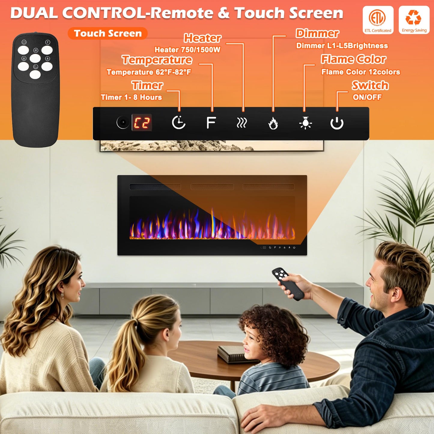 BETELNUT 40" Electric Fireplace Wall Mounted and Recessed with Remote Control, 750/1500W Ultra-Thin Wall Fireplace Heater W/Timer Adjustable Flame Color and Brightness, Log Set & Crystal Options