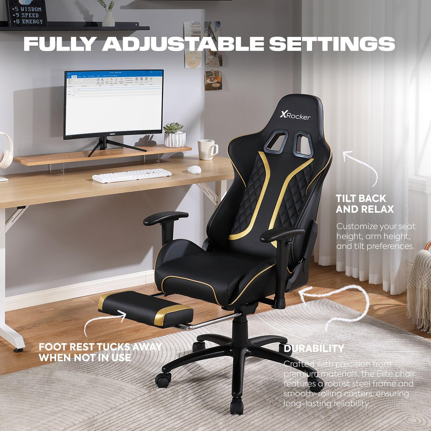 X Rocker Elite PC Video Gaming Chair with Footrest, Adjustable Ergonomic Office Desk Chair for Computer Gamers with Wheels, Vegan Leather, Black & White, Gifts for Gamers