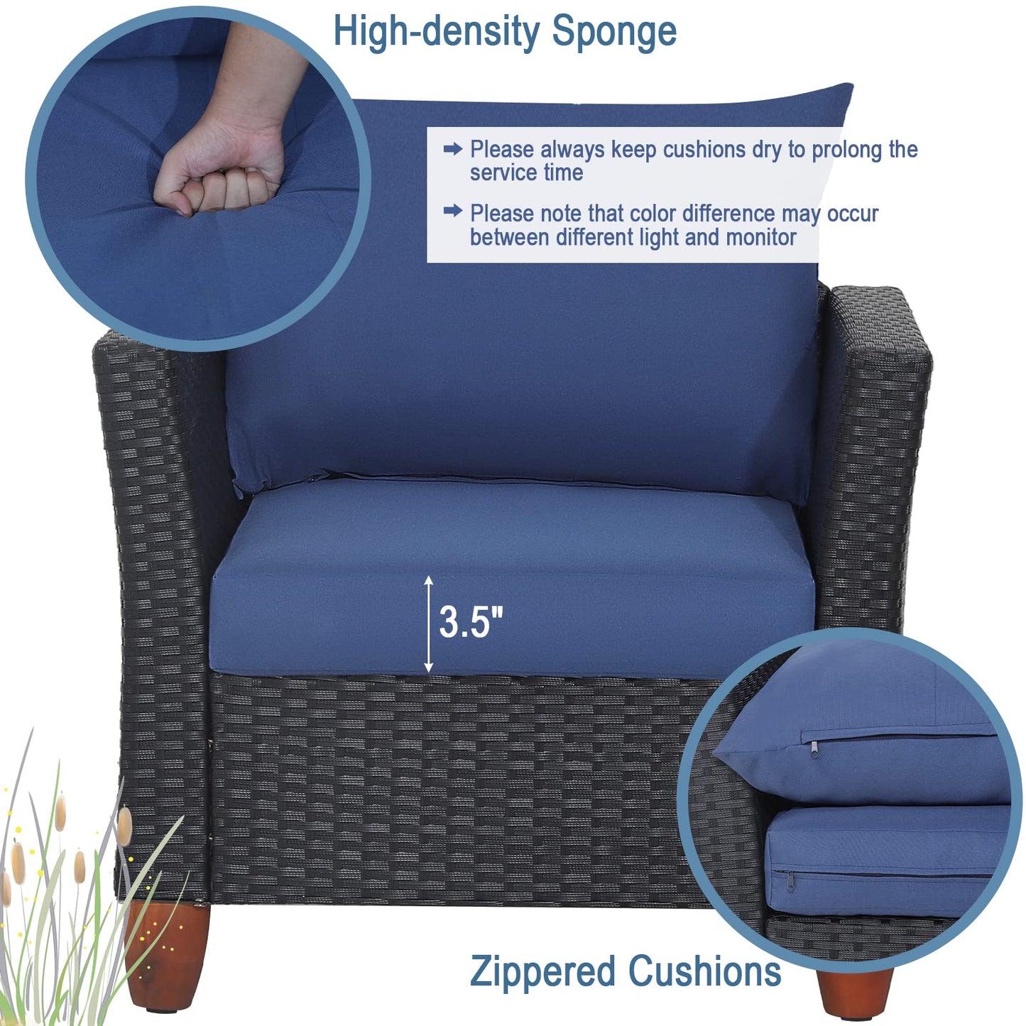Tangkula 3 Piece Patio Furniture Set, Patiojoy Outdoor Wicker Rattan Bistro Sofa Set w/Washable Cushion, Acacia Wood Top Coffee Table, Conversation Set for Balcony Backyard Porch (Blue)