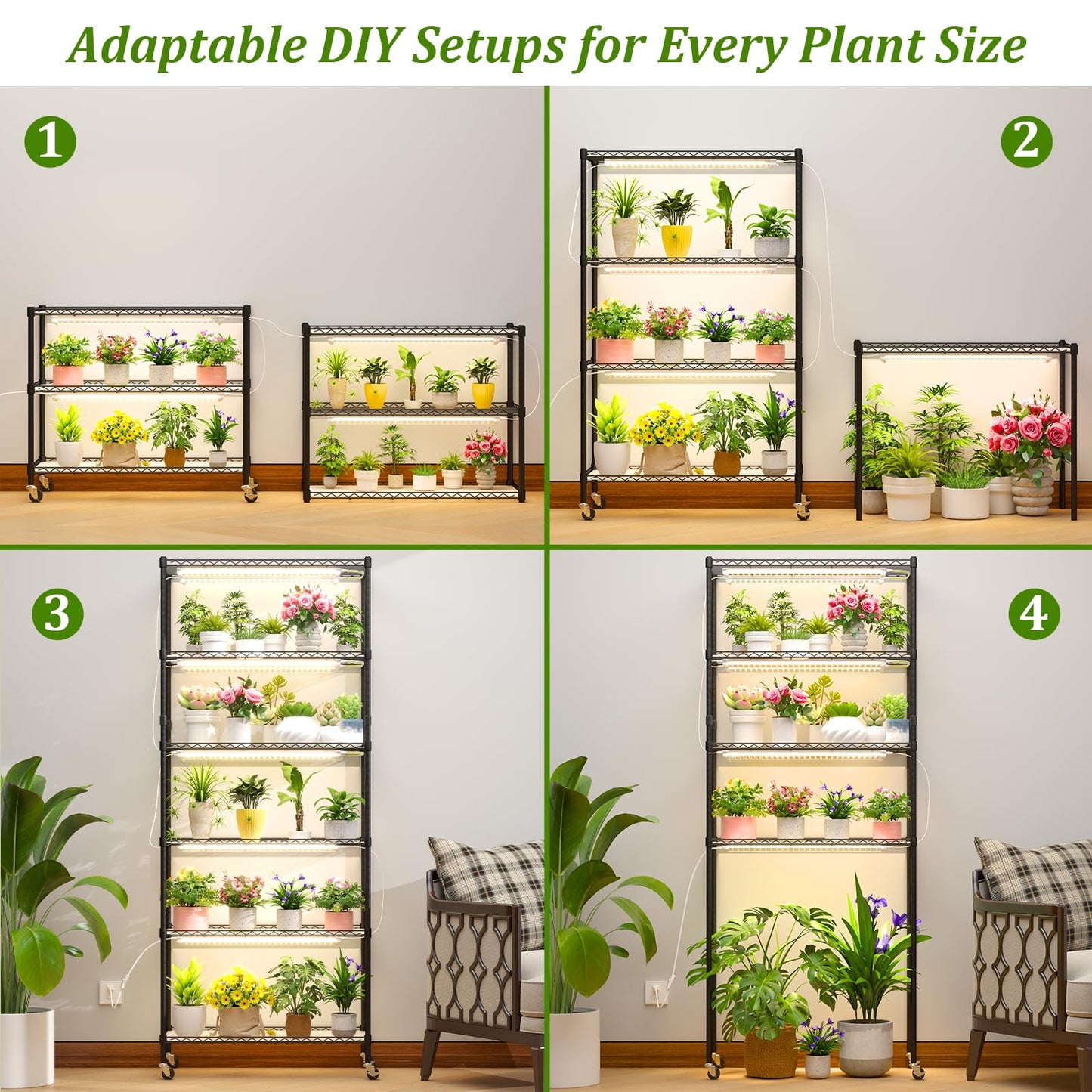 Plant Shelf with Grow Light, DIY 6-Tier Plant Stand with Grow Light, Adjustable Rack and Wheels, 8 Pack 24" 192W T8 Full Spectrum Grow Lamp for Indoor Plants, Seed Starting, Vegetable, 29"x13.5"x73.5"