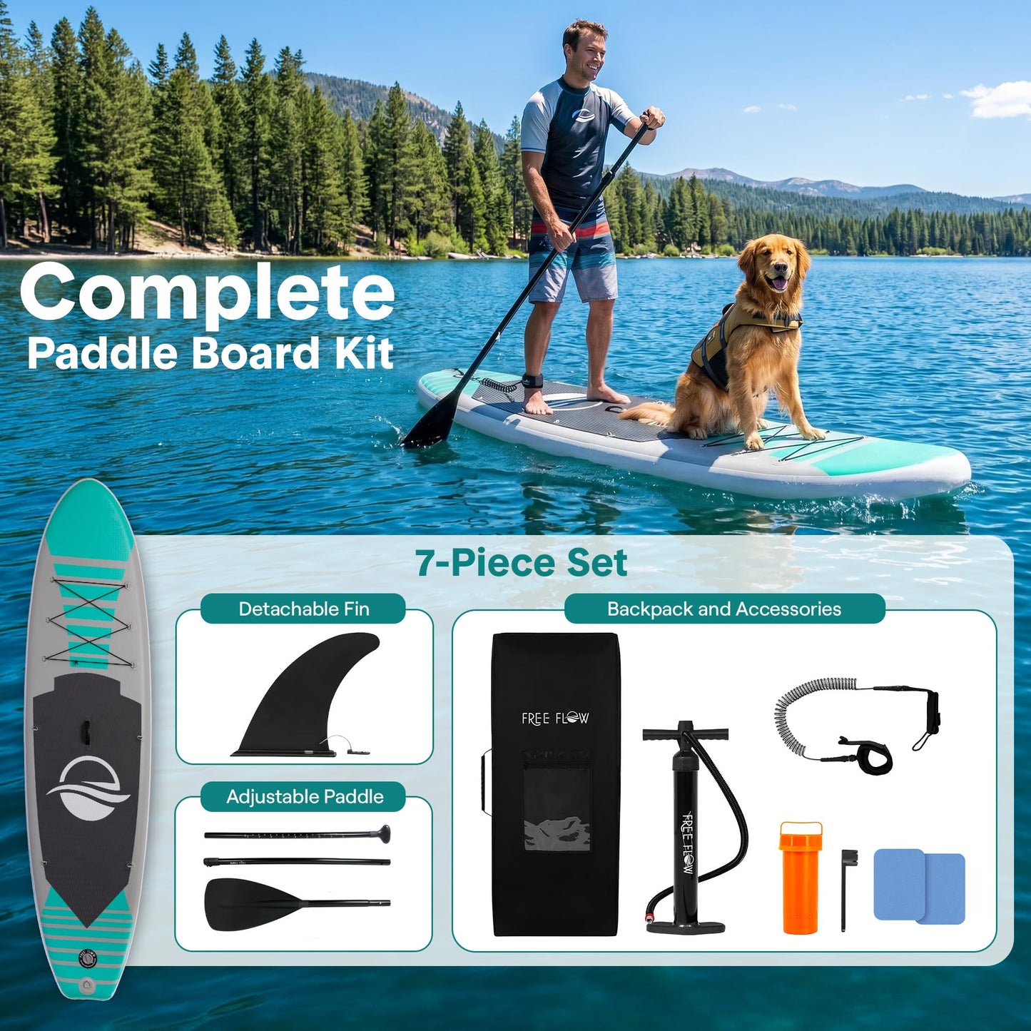 SereneLife 10’ Inflatable Stand Up Paddle Board with Premium SUP Accessories - 32” Wide Stable Design with Non-Slip EVA Deck Pad, for Youth and Adults, 275 lbs. Capacity