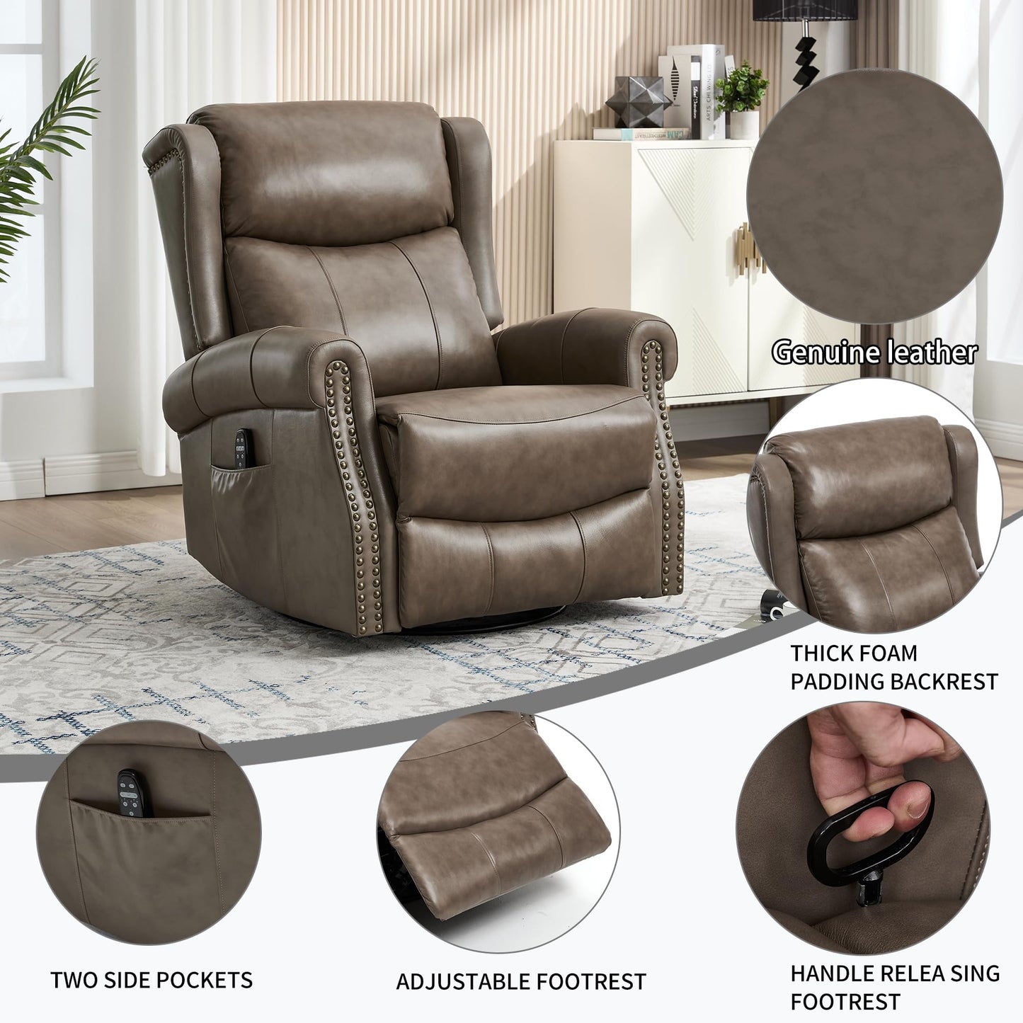 Heat Massage Manual Recliner Chair with Rocking and 360° Swivel Base, Genuine Leather Recliner Chair with Lumbar Heat, 8-Point Vibration Massage, 155° Reclining Living Room Chair for Adults, Grey