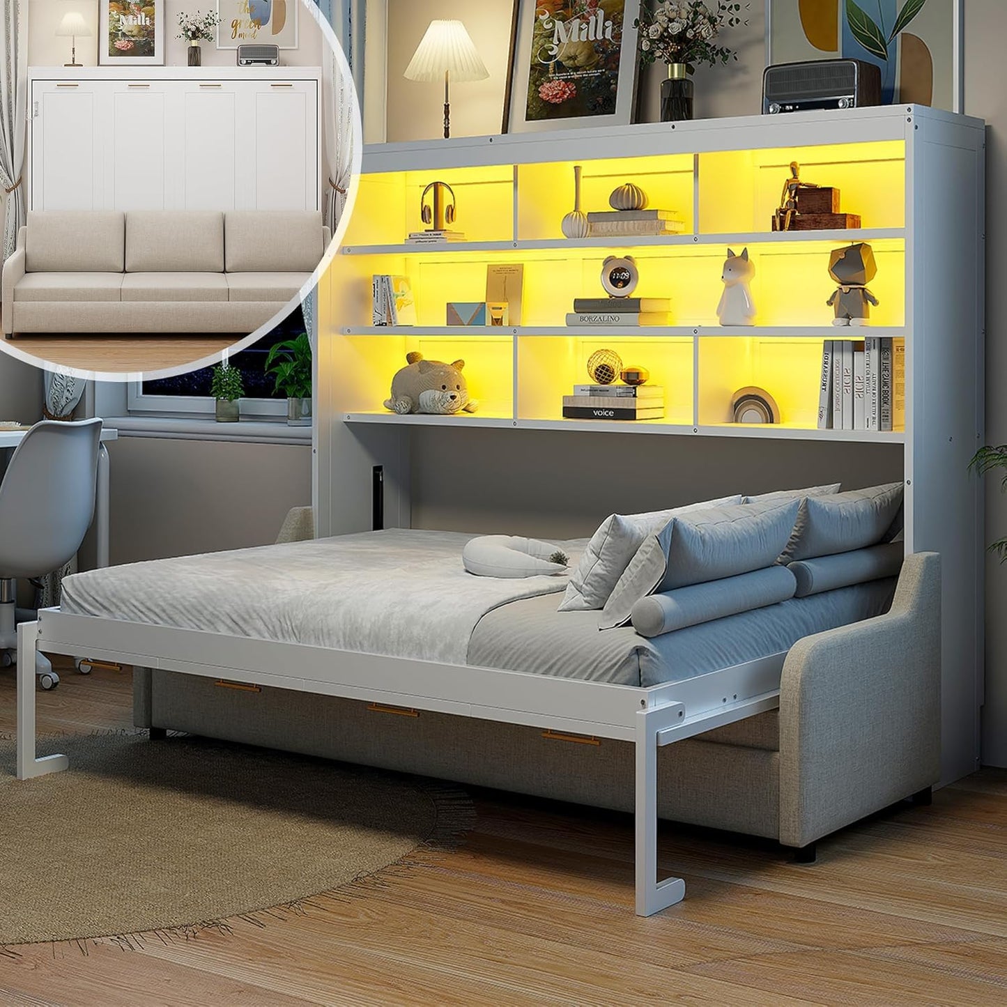Queen Horizontal Murphy Bed with Sofa and Storage Shelves,LED Light,Solid Wood Space Saving Hideaway Murphy Wall Bed with Couch and Storage for Adults (Beige,Queen)