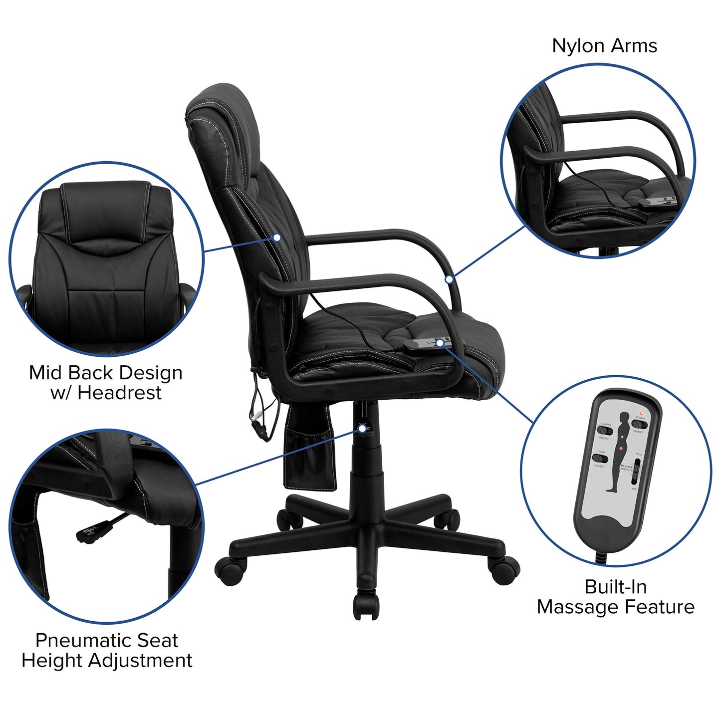Flash Furniture Laverne Mid-Back Ergonomic Massaging Black LeatherSoft Executive Swivel Office Chair with Arms