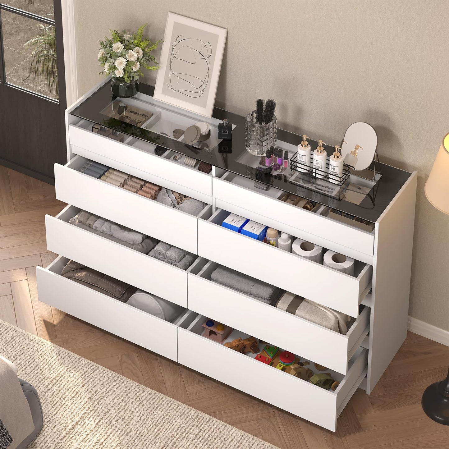 ZORPLIX White 8 Drawer Dresser for Bedroom, Modern Chest of Drawers, Jewelry Dresser Display with Glass Top and LED Light, Dressers Organizer for Bedroom, Closet, Living Room