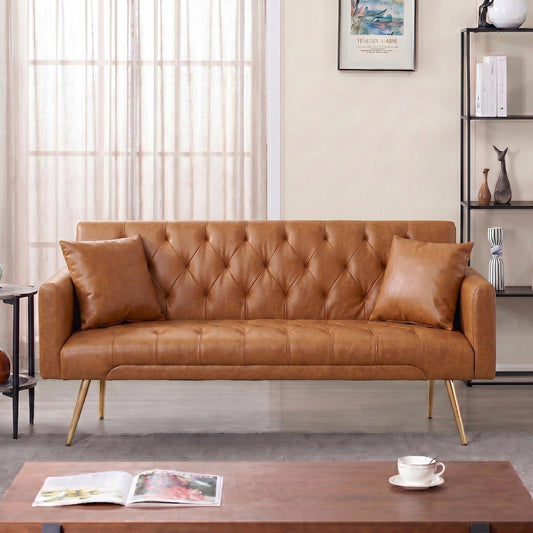 Trygoal Futon Sofa Bed, PU Leather Futon Couch Bed with Adjustable Backrest, Convertible Sofa Beds with 2 Throw Pillows, Small Couches for Small Spaces, Apartment, Bedroom, Living Room, Brown