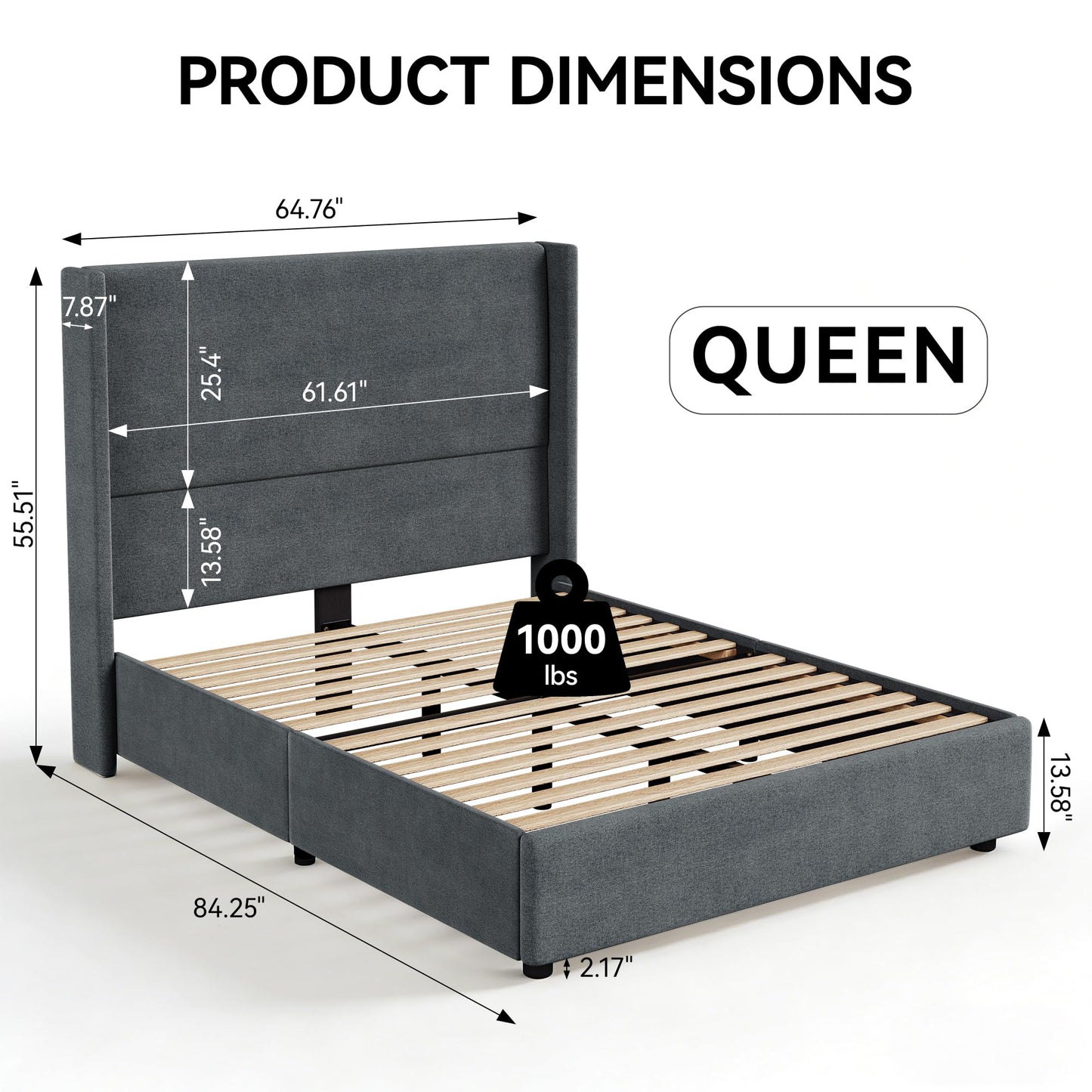 CarterChairr Queen Size Bed Frame Linen Fabric Upholstered Platform with 55.51" Tall Headboard Wingback and Wooden Slats Support, Non-Slip, No Box Spring Needed, Easy Assembly, Beige