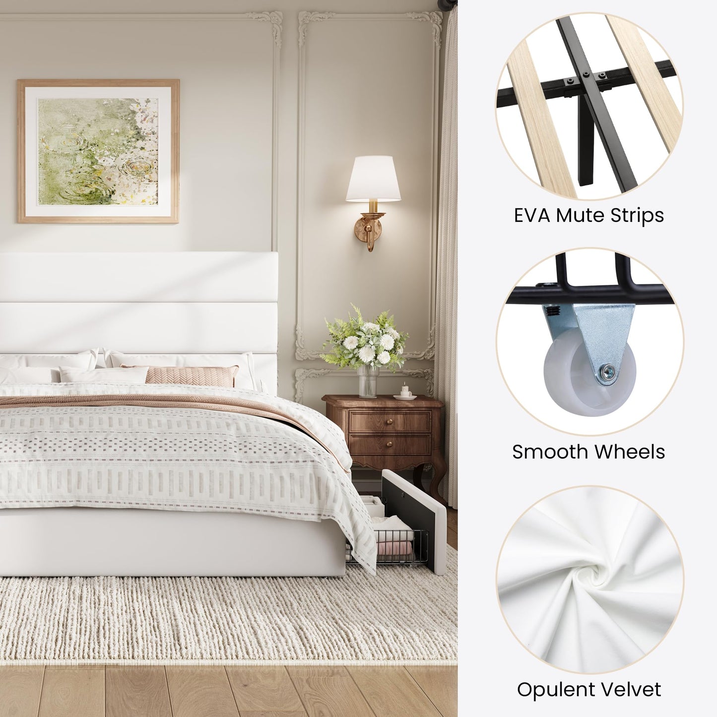 SHA CERLIN Queen Size Platform Bed Frame with 4 Storage Drawers, Velvet Upholstered Headboard, Mattress Foundation with Wooden Slats Support, No Box Spring Needed, Easy Assembly, White