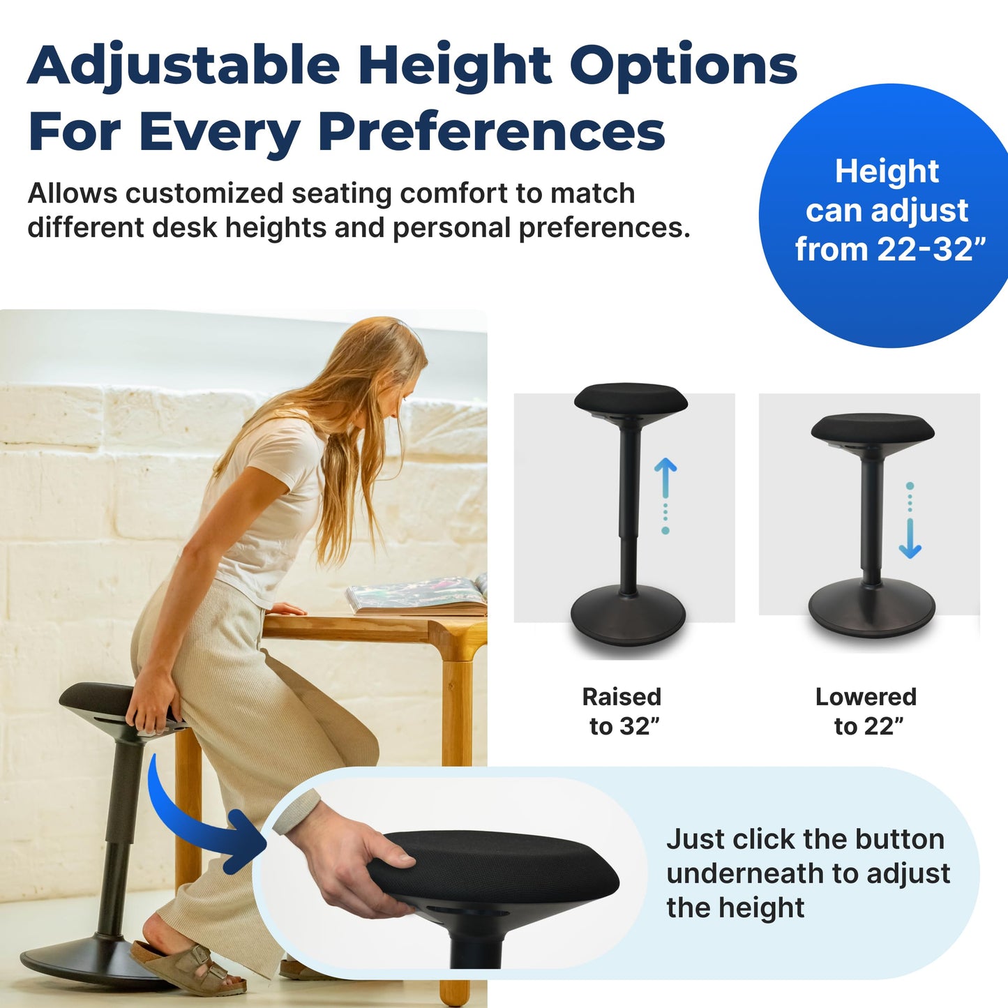 Backerz Standing Desk Stool Chair, Height Adjustable Stool 21-31 inch for Office and Classroom, Swivel Stool, Anti-Slip Bottom Ergonomic Wobble Stool with Rocking Motion, Black