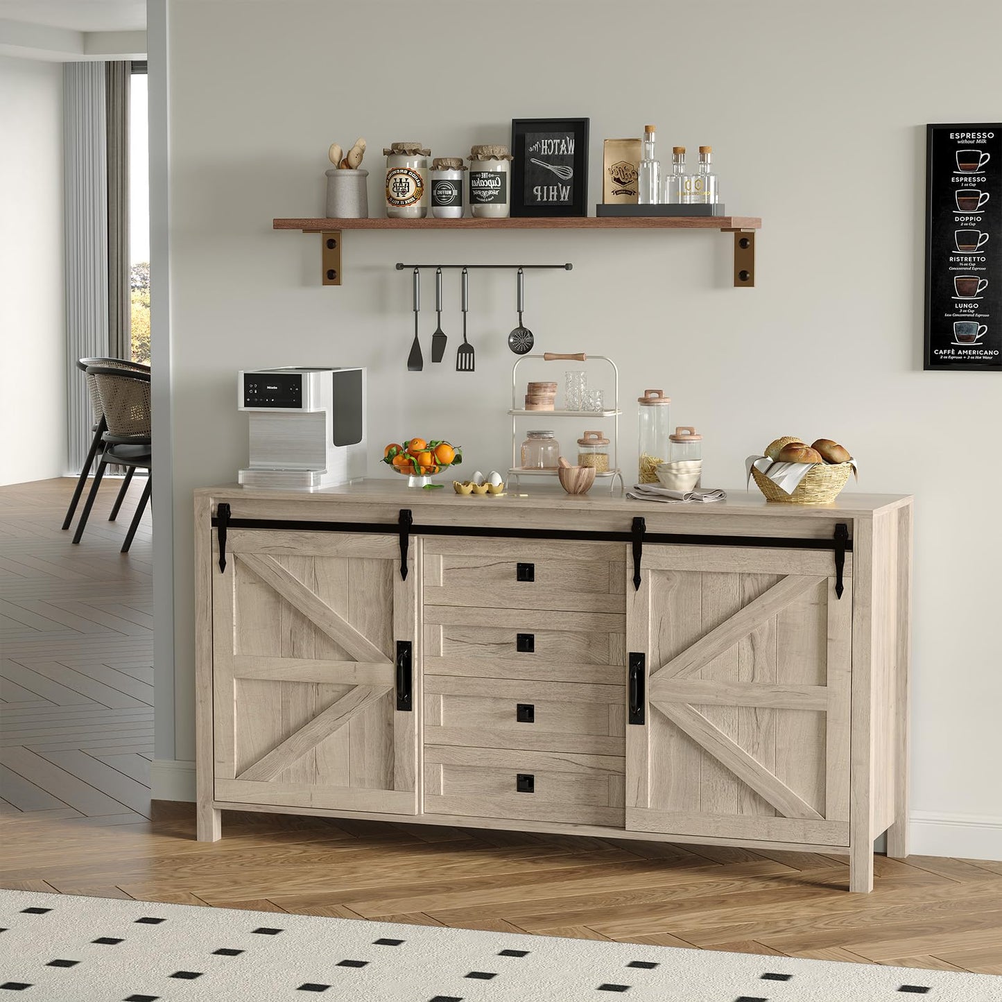 Garvee Farmhouse Sideboard Buffet Cabinet with Sliding Barn Doors & 4 Drawers, 60" Rustic Wood Kitchen Coffee Bar Storage Cabinet for Dining Room Living Room, TV Stand & Console Table