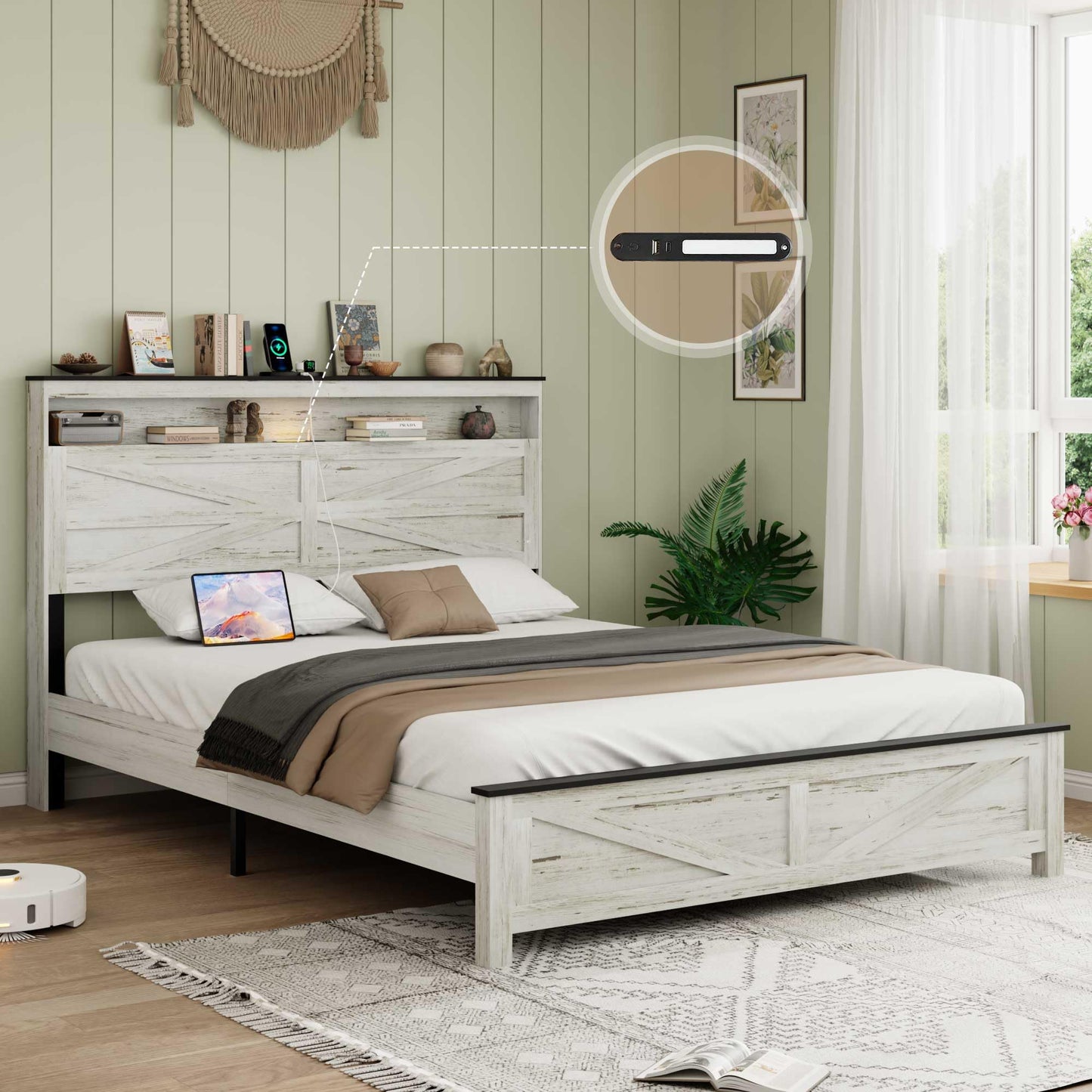 Ball & Cast Wood Full Size Bed Frame with Storage Headboard,Farmhouse Platform Bed Frame Full with Charging Station,Noise-Free,No Box Spring Needed,Easy Assembly,Antique Gray