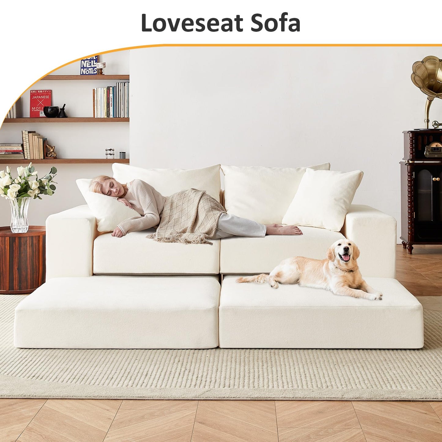 Modular Sectional Loveaeat Cloud Sofa, Boneless Couch with Non Slip Base, Modern Sleeper Sofa for Customizable Living Spaces, Cozy Modular Couch with L-Shape Chaise, Deep Seat & No Assembly, Beige