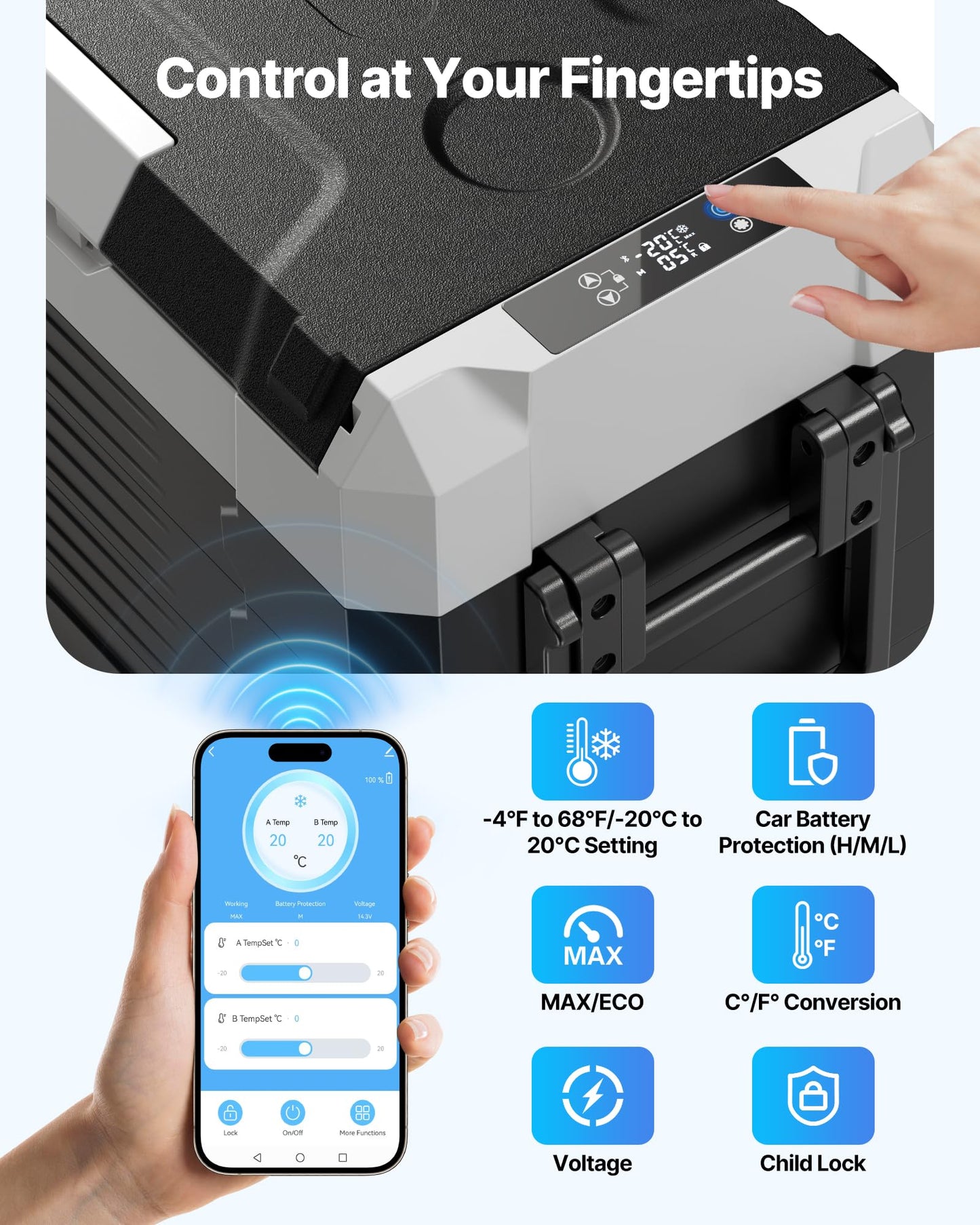 VEVOR Car Refrigerator, DC 12/24V AC100-240V Compressor Electric Cooler, -4°F to 68°F Truck Refrigerator with APP Control, Wheels & Dual Zone, 58 QT Cars Cooler for RVs, Boats, Camping, Fishing