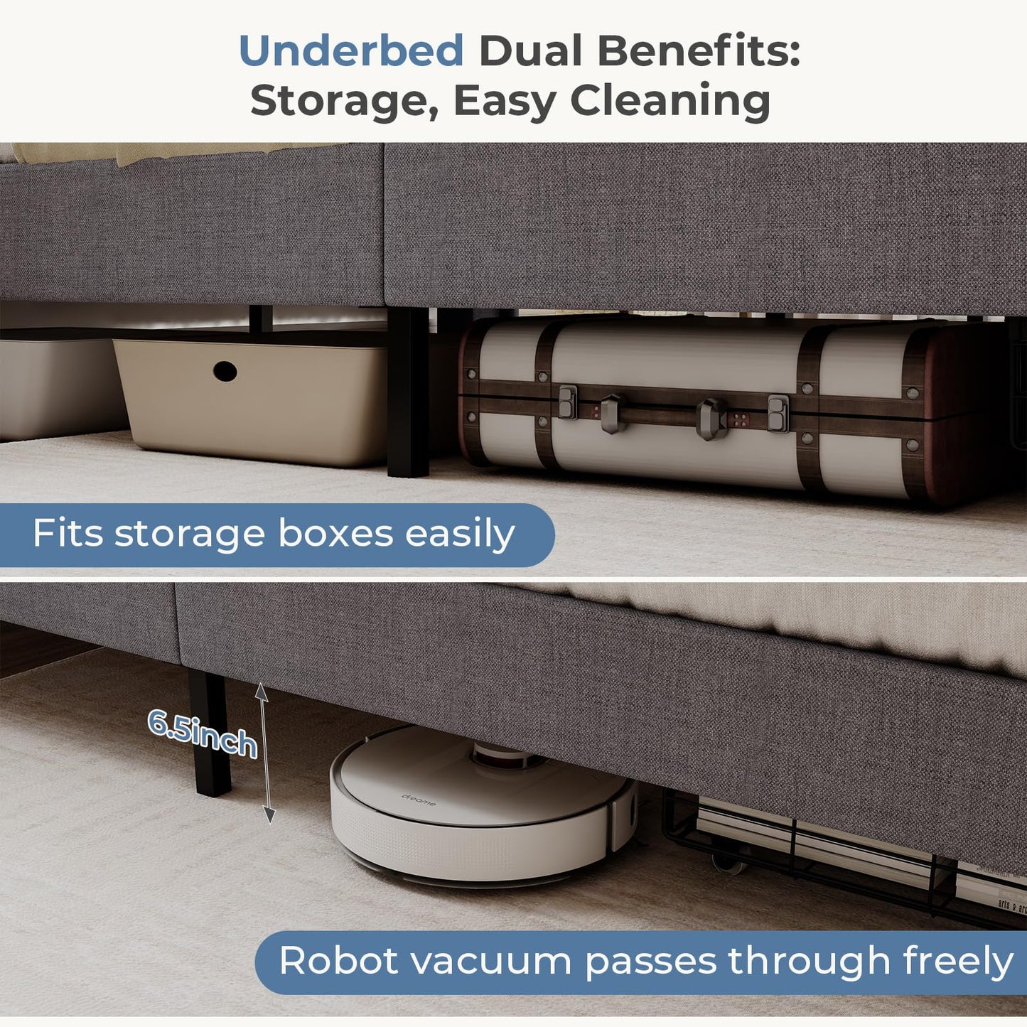 OLIXIS Queen Size Bed Frame with Headboard, Upholstere Platform Bedframe with 2 Fabric Underbed Storage Drawers, Mattress Foundation with Wooden Slats Support, Easy Assembly, Gray