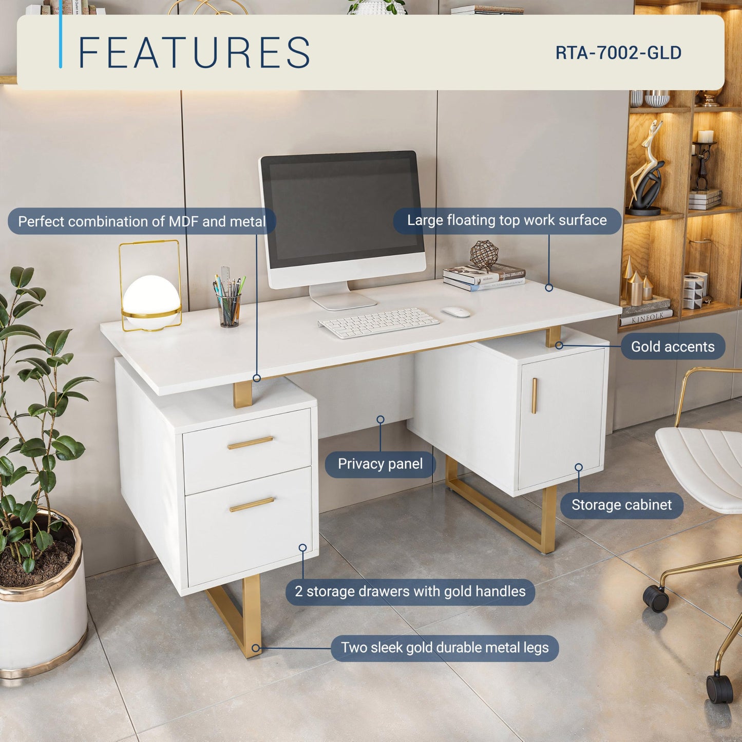 Techni Mobili Storage Drawers and Cabinet 51.25” W-Modern Office Large Floating Desktop Surface Desk, 23.6" D x 51.2" W x 29.8" H, White/Gold
