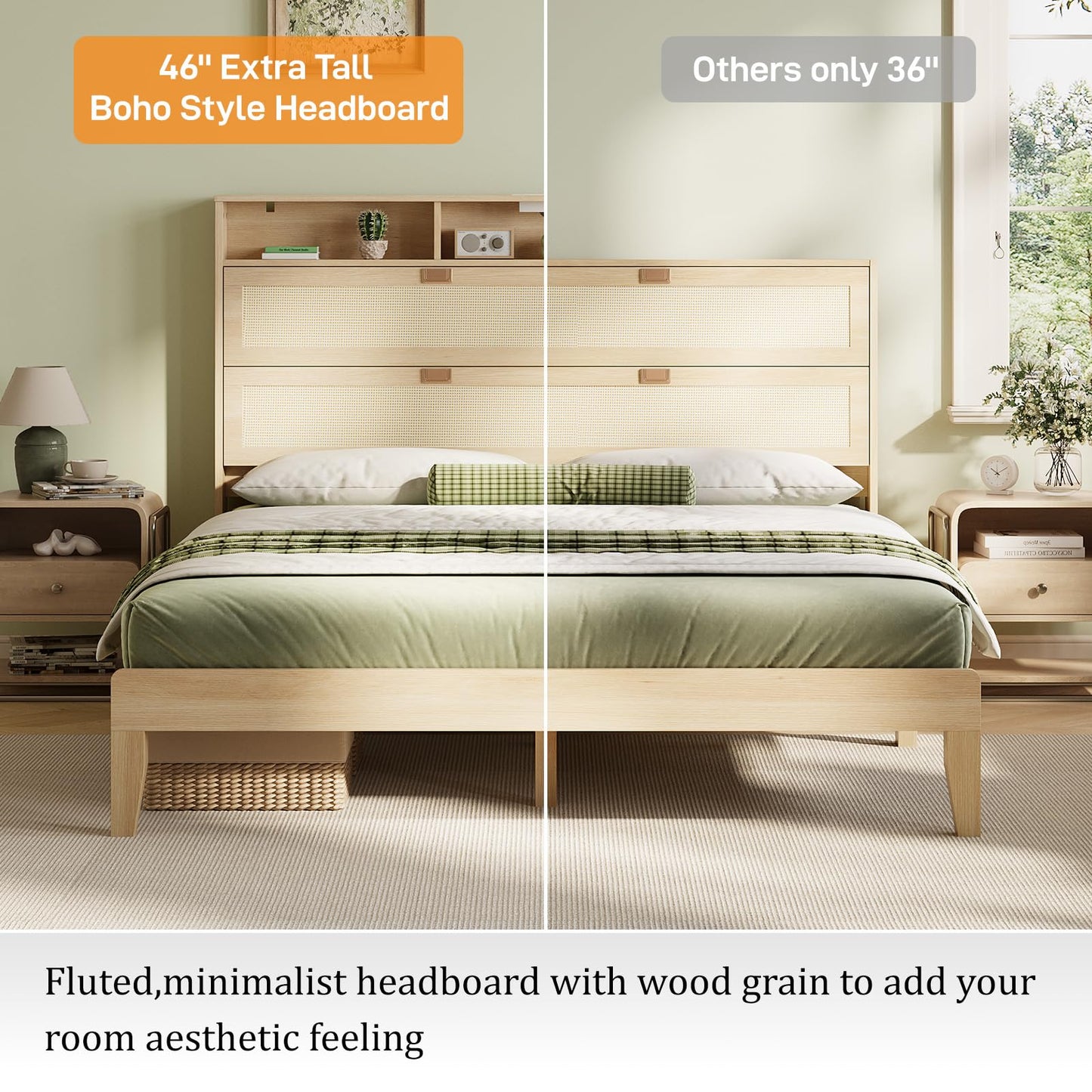 VINGLI Boho Queen Bed Frame with Shelves, Rattan Platform Bed with Storage Headboard and Charging Station, Modern Wood Bed Frame,No Box Spring Needed, Space Saving Design for Bedroom