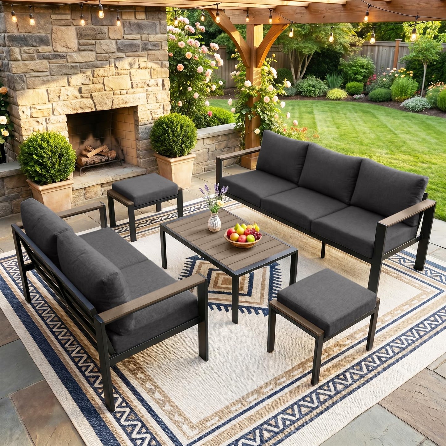 SAILARY Outdoor Patio Furniture Set 5 Pieces Luxury Aluminum Patio Conversation Set with Coffee Table and 2 Ottoman 7 Seats, Thick Cushions, Large Sectional Sofa for Porch, Balcony, Yard, Dark Gray
