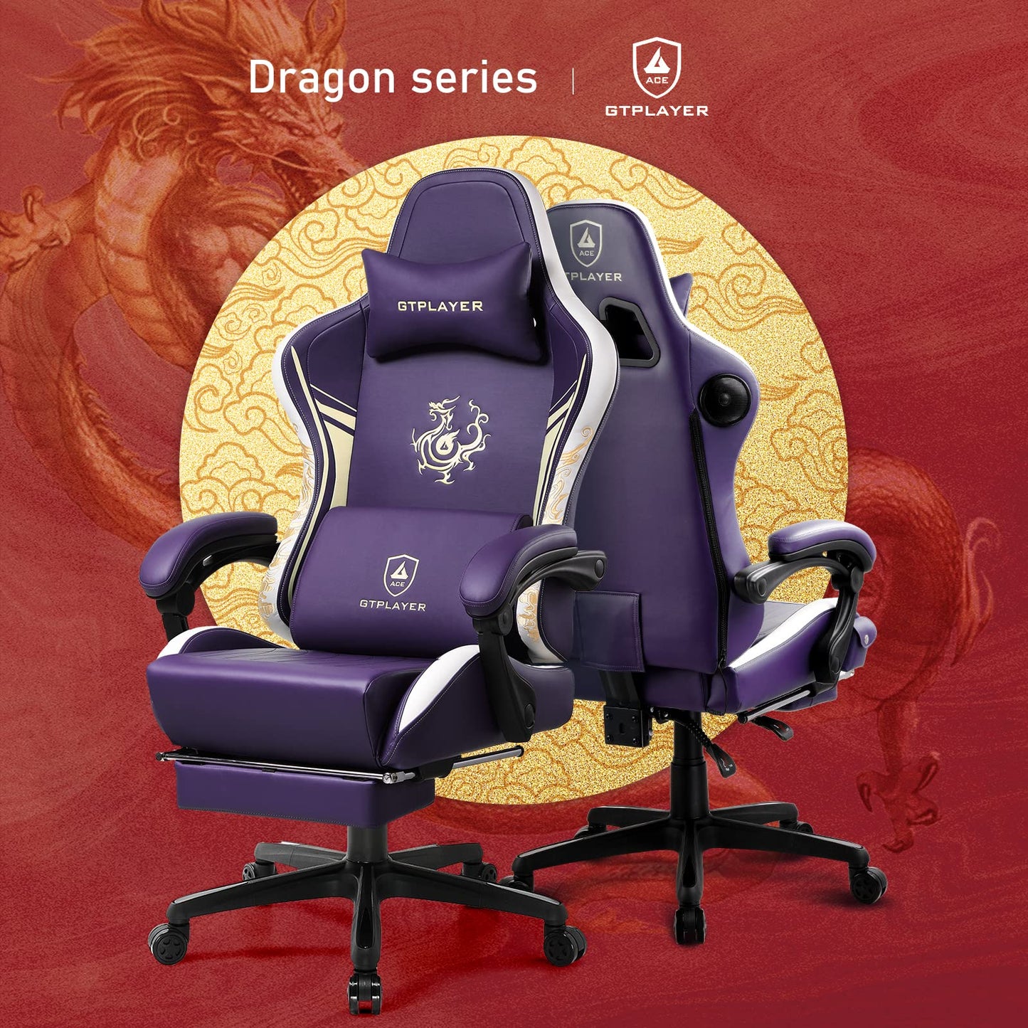 GTPLAYER Gaming Chair with Bluetooth Speakers and Footrest, Dragon Series Video Game Chair, Heavy Duty Ergonomic Chair Esports Gaming Chair, Computer Office Desk Chair (Purple)