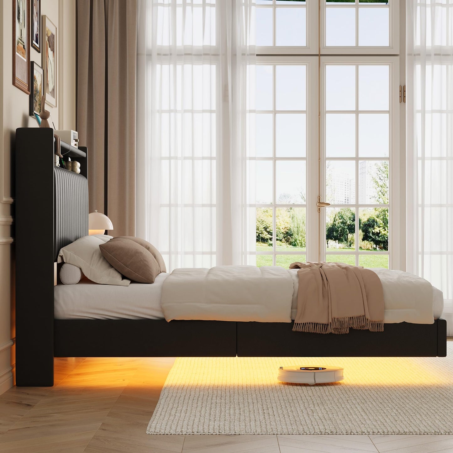 Queen Floating Bed Frame with LED Lights & Charging Station, Upholstered Leather Platform Bed Frame with Headboard, 50" Tall Floating Bed with Stable Structure, No Box Spring Needed,Black