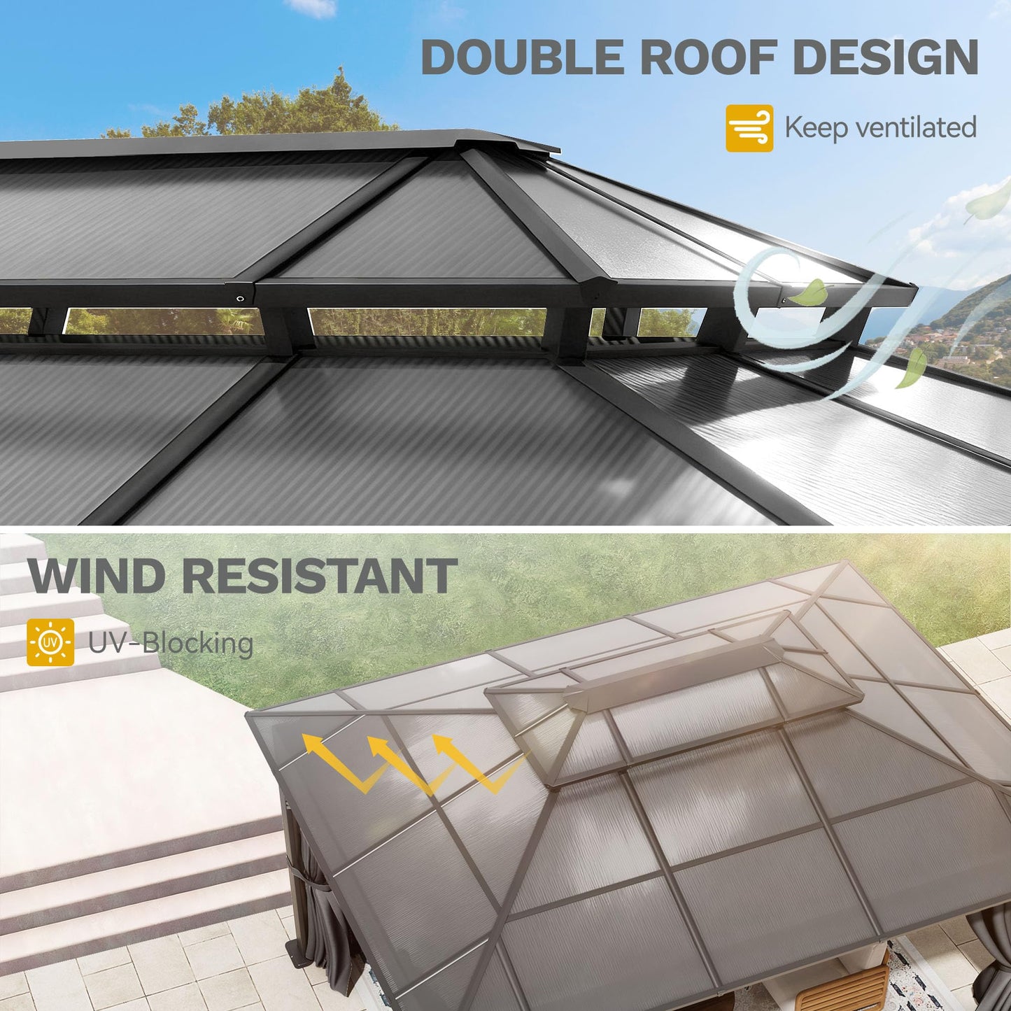 DWVO 10x12ft Gazebo Hardtop Double Roof Polycarbonate Canopy Outdoor with Netting and Shaded Curtains, Metal Frame Garden Tent for Patio, Backyard, Deck and Lawns, Gray