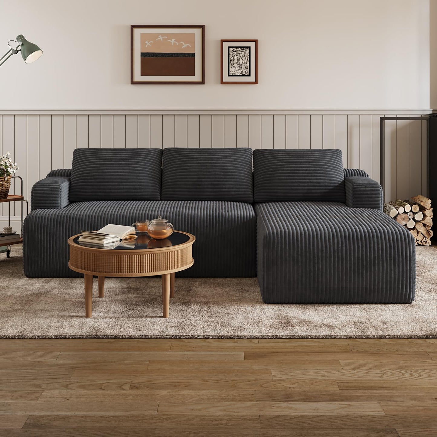 Novilla L-Shape Sectional Couches for Living Room with Smarts Coil® Support, 3 Seater Sectional Sofas for Living Room Bedroom, Corduroy Cloud Couch Sectional, No Assembly(Dark Grey, Right Hand Facing)