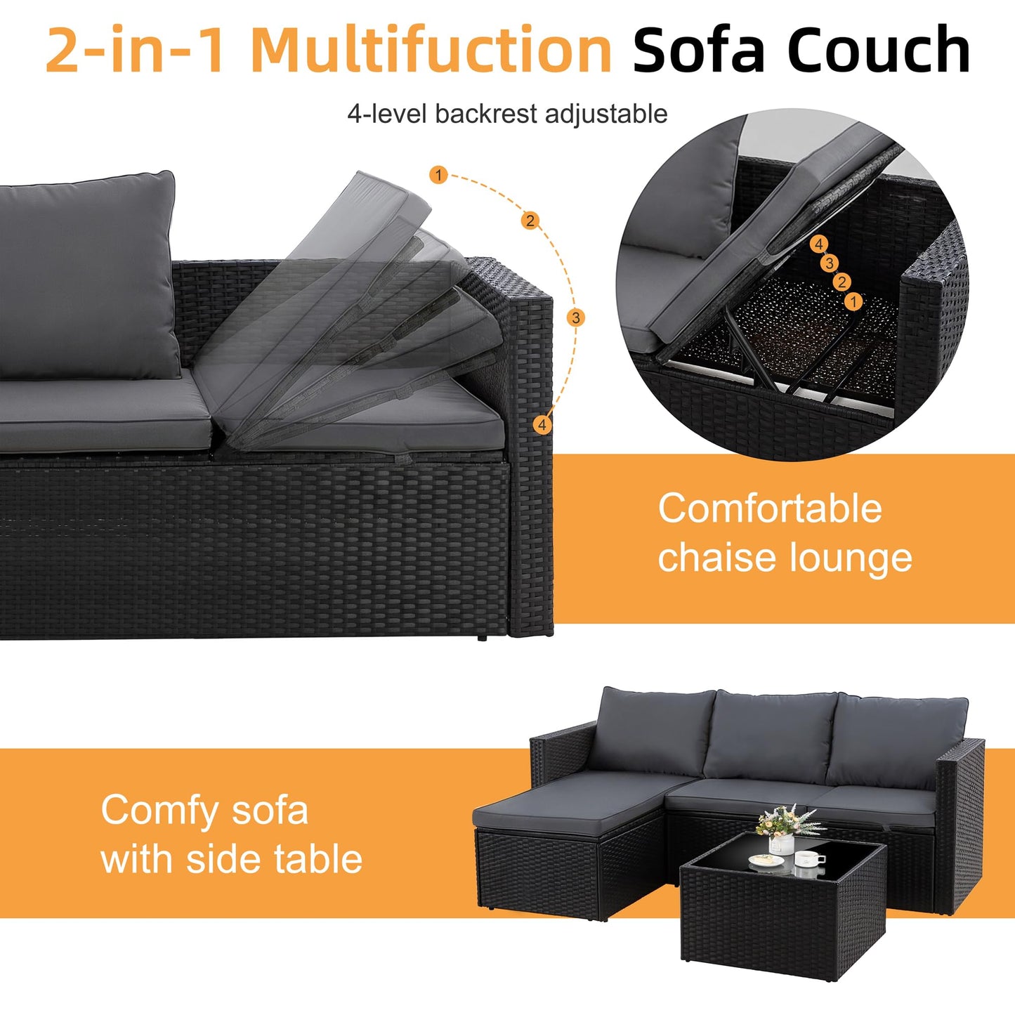 Shintenchi 4 Pieces Patio Furniture Set, Outddor Sectional Sofa & Chaise Lounge, All-Weather Wicker Rattan Sofa Couch with Cushions & Coffee Table for Yard, Garden, Porch, Poolside (Gray)