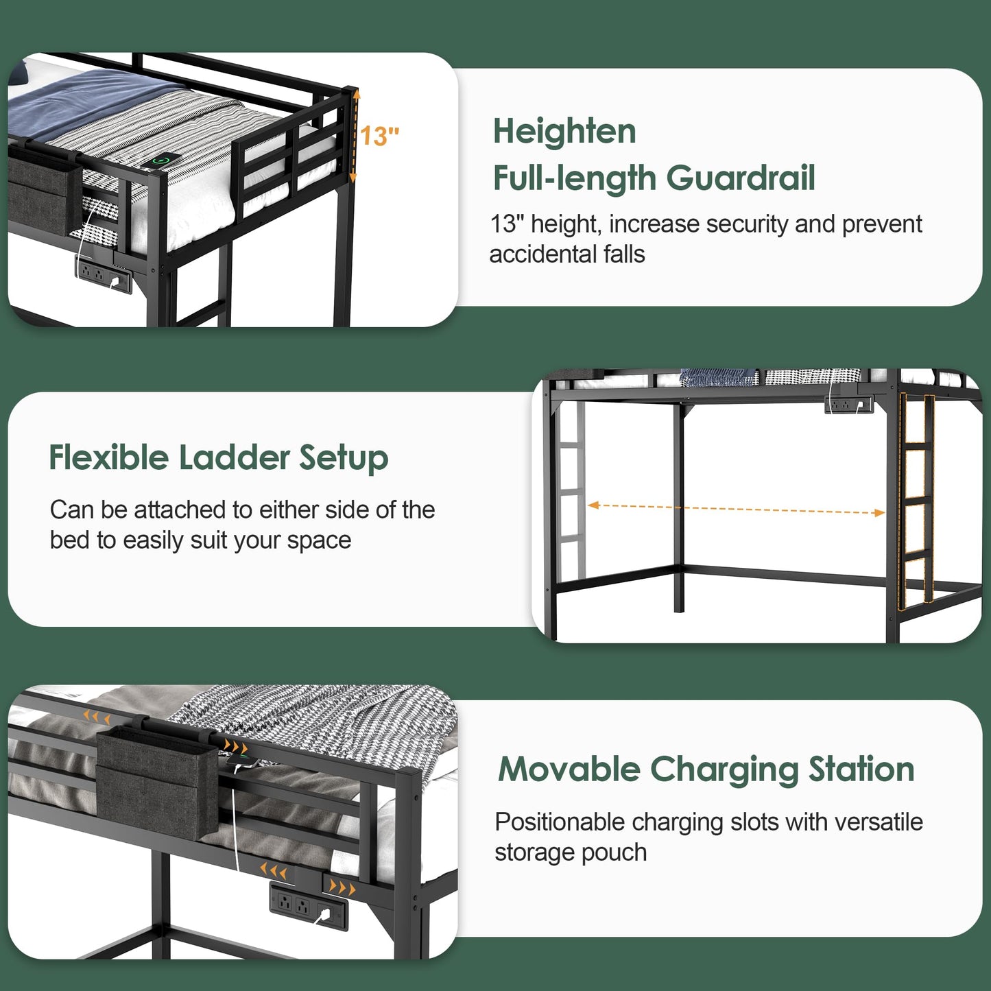 Twin XL Loft Bed with Charging Station & LED Lights, Heavy Duty Metal Bed Frame with Storage Pocket, Ladder and Guardrail Reinforced Twin XL Loft Bed Space-Saving for Adults, Guest Room, Dorm, Black