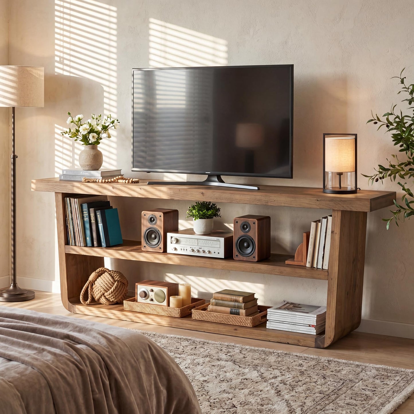 TRIBEWOOD 63" Solid Wood TV Stand, 3-Tier Entertainment Center with Storage, Farmhouse Television Stand for 55/60/65/75-Inch TVs, Wooden TV Table for Living Room, Bedroom