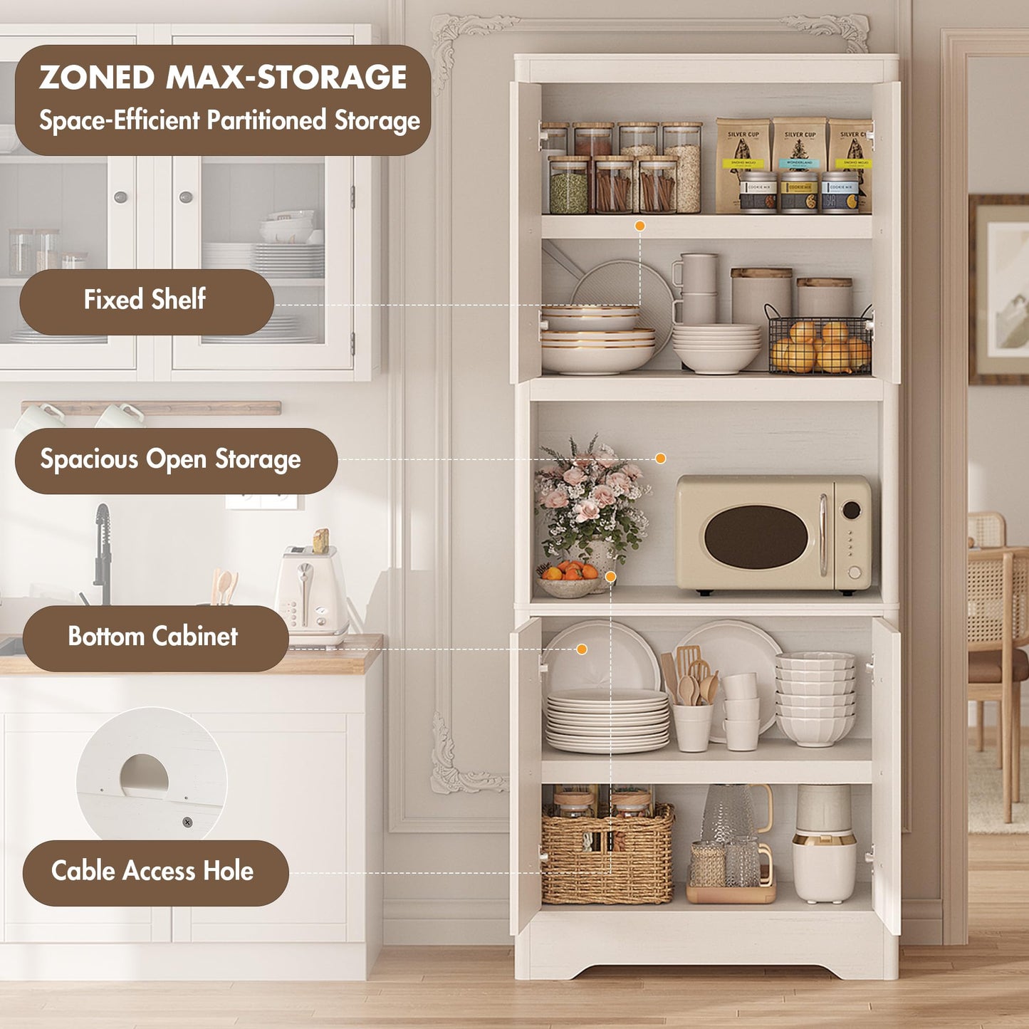 GarveeHome 72" Tall Kitchen Pantry Storage Cabinet, 4 Door with Carved Design and Shelf for Microwave, Freestanding Wooden Cupboard with Crystal Handle, for Dining Living Room, Antique White