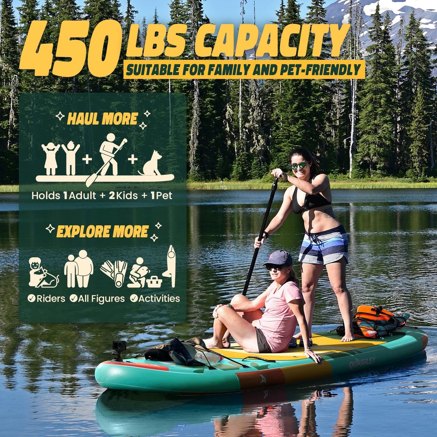Quashley Inflatable Stand Up Paddle Boards 34" Wide SUP Boards with All Premium Paddleboards Accessories,Stable Design for Beginners Green Paddle Boards