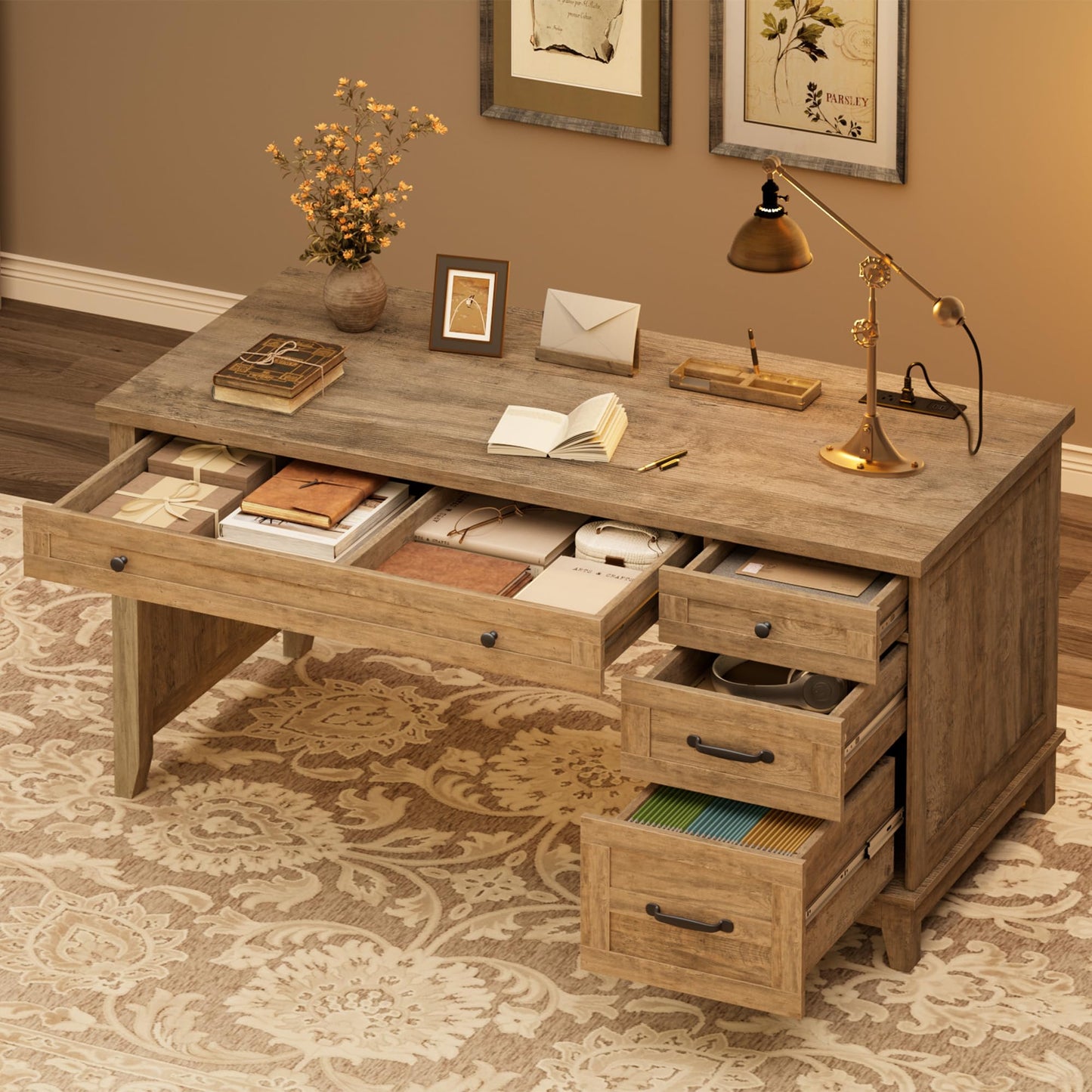 GAOMON 54.5in Wooden Executive Desk with Drawers, Office Desk Computer Table with Charging Station, Farmhouse Home Office Desk with File Cabinet Storage, for Study and Home Office, Rustic Gray