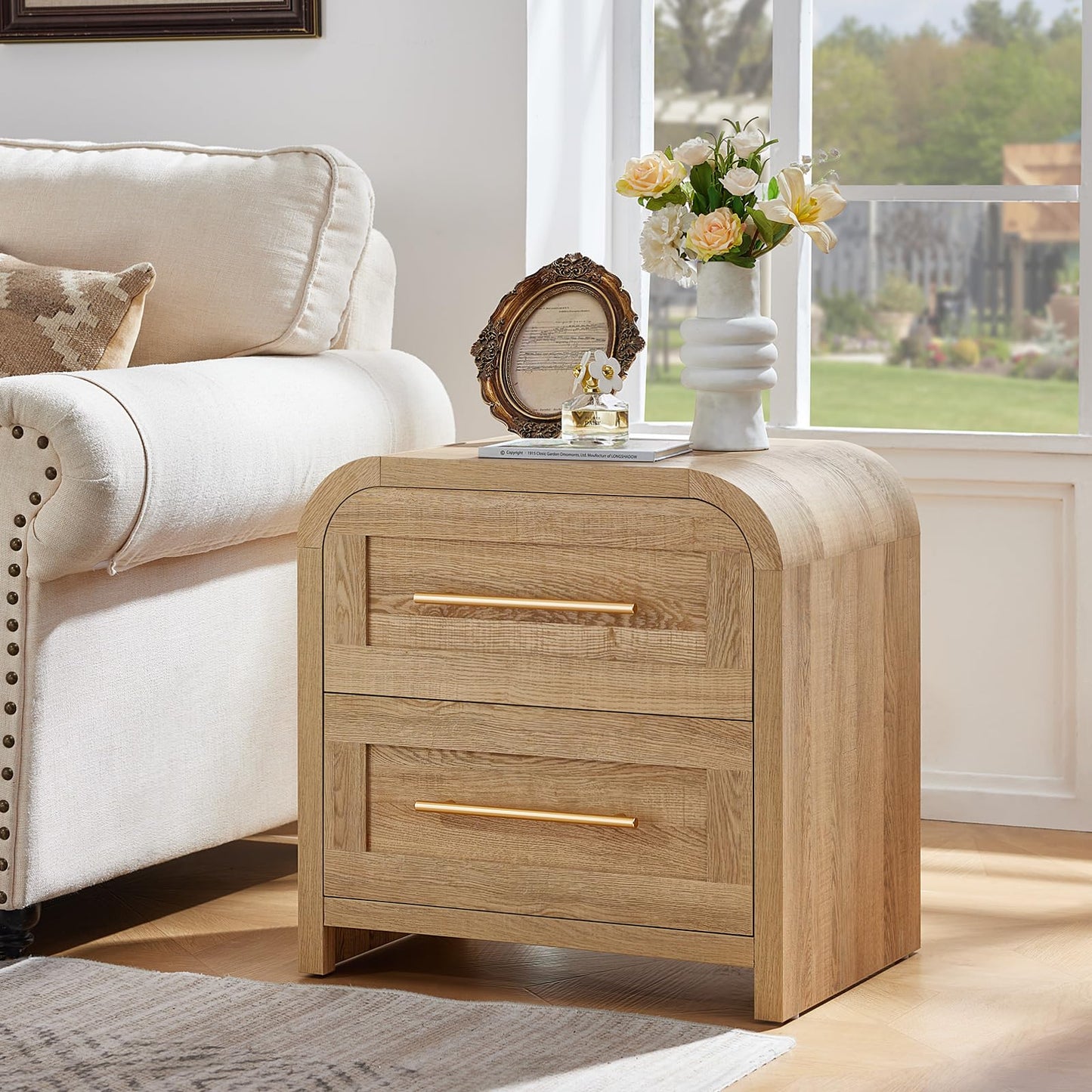 JINVICJIASI Night Stand Set 2 with Charging Station, Curved Modern Nightstand with 2 Drawers & Metal Handle,22" Mid Century Side End Tables, Thick Desktop Bedside Table Storage Cabinet for Bedroom