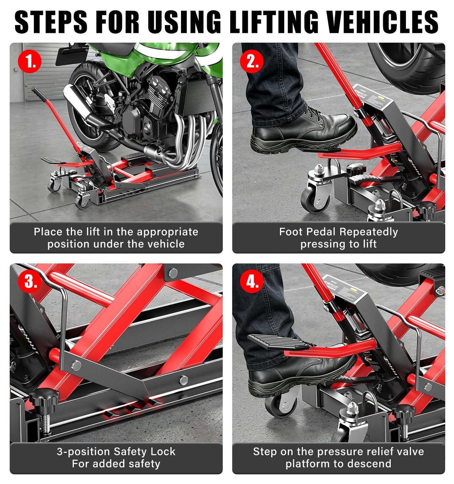 Heavy Duty Motorcycle Scissor Lift Jack 1500 LBS, Motorcycle Lift Table 4.5" to 14.6" Height, Hydraulic Motorcycle Lift Motorcycle Lift Jack Portable Steel Construction for Motorcycle, ATV, Dirt Bike