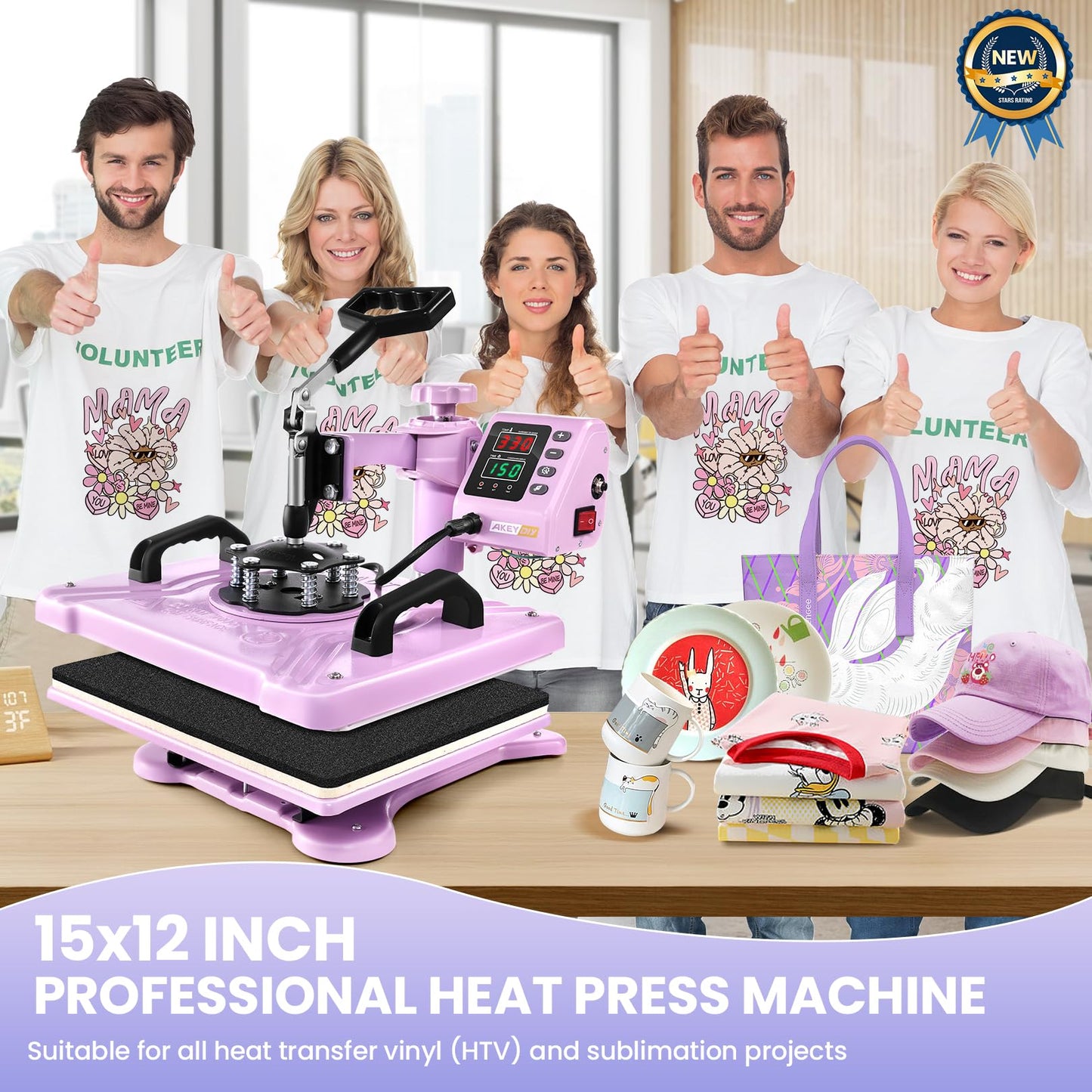 Heat Press Machine for Tshirts, 5 in 1 Heat Transfer Machine, 12" X 15" Heat Printing Press for Sublimation Combo with 360 Degree Rotation Swing Away for T-Shirt Hat Cap Mug Plate, Pink Purple