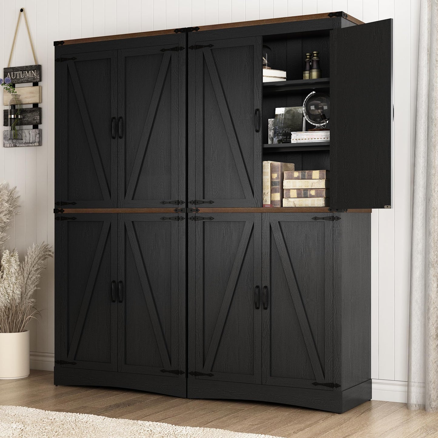 Hlivelood 71" Tall Kitchen Pantry,Farmhouse Storage Cabinet with Adjustable Shelves,Load-Bearing Steel Pipe,Farmhouse Pantry Cabinet with 4 Barn Doors,for Kitchen,Dining Room,Living Room(Black)