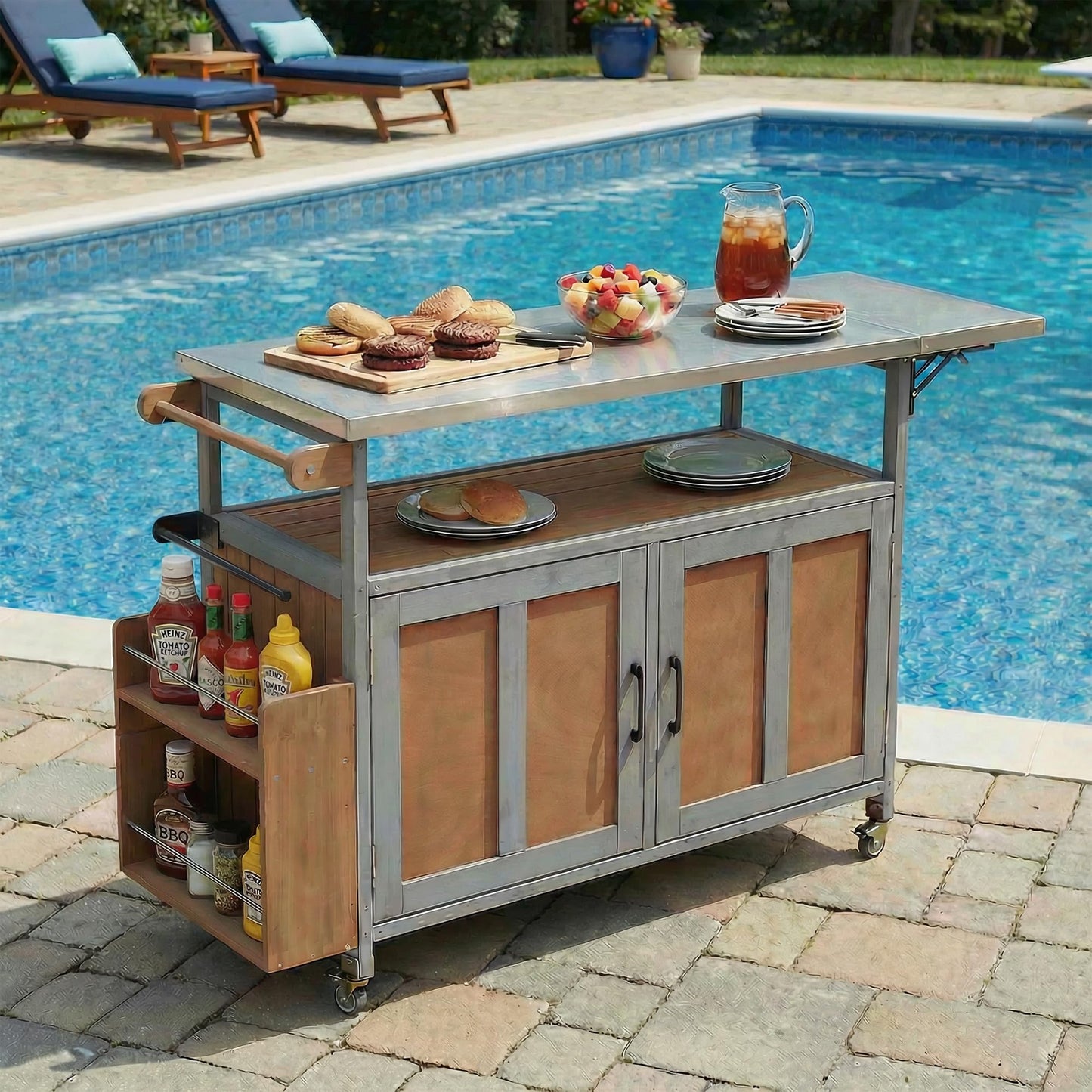 Outdoor Kitchen Island Cart with Foldable Stainless Steel Top, Rolling Grill Table with Adjustable Shelf Storage Spice Rack & Towel Holder, Wooden BBQ Prep Station with Lockable Wheels, Espresso Grey